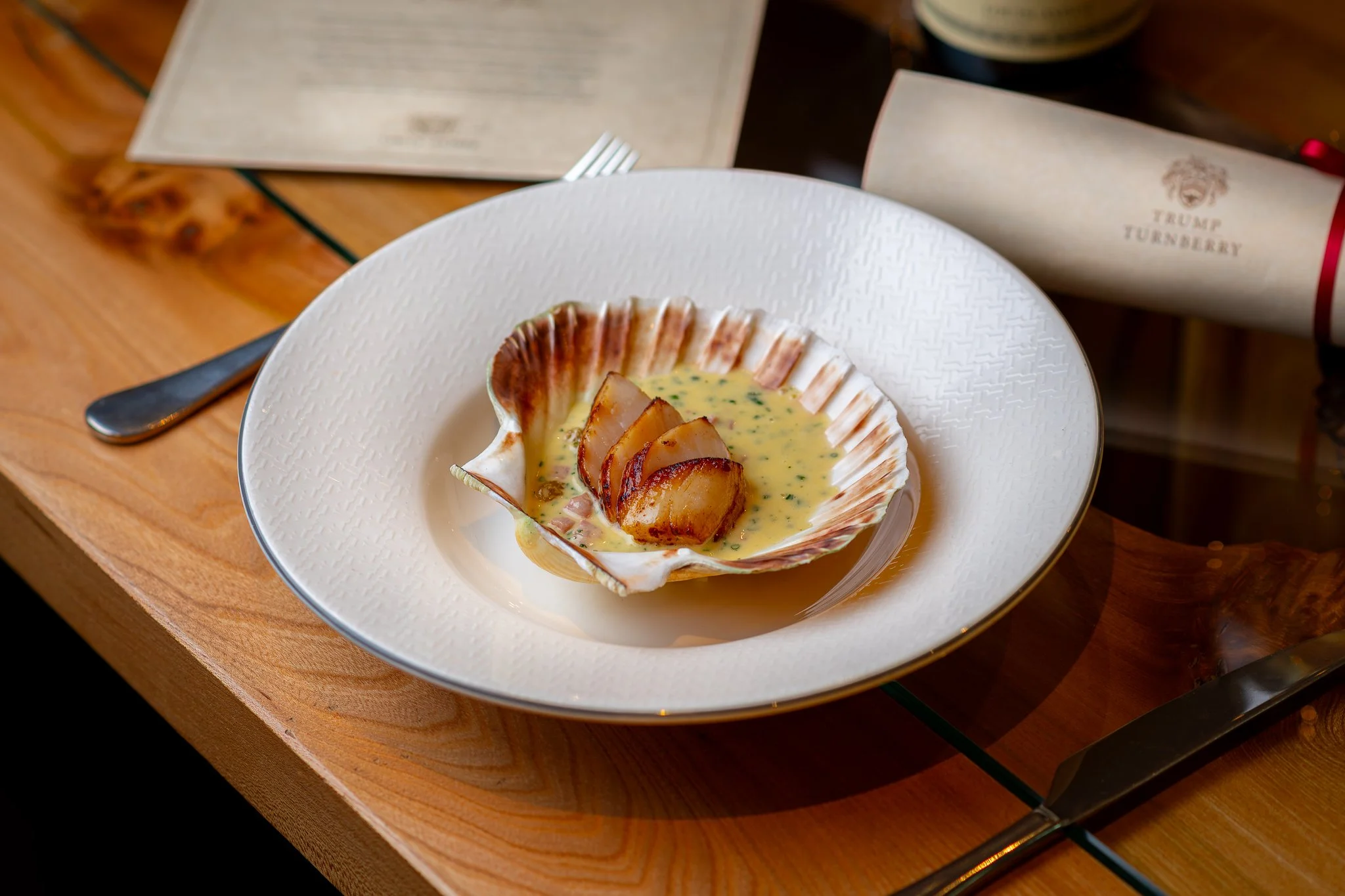 Trump Turnberry scallop in shell starter – luxury hotel food photography Scotland