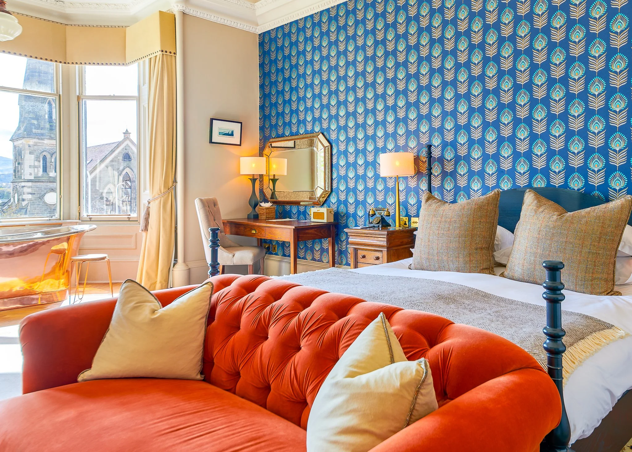 Roseate Edinburgh bedroom with tufted sofa and wallpaper – hotel interior photographer Edinburgh