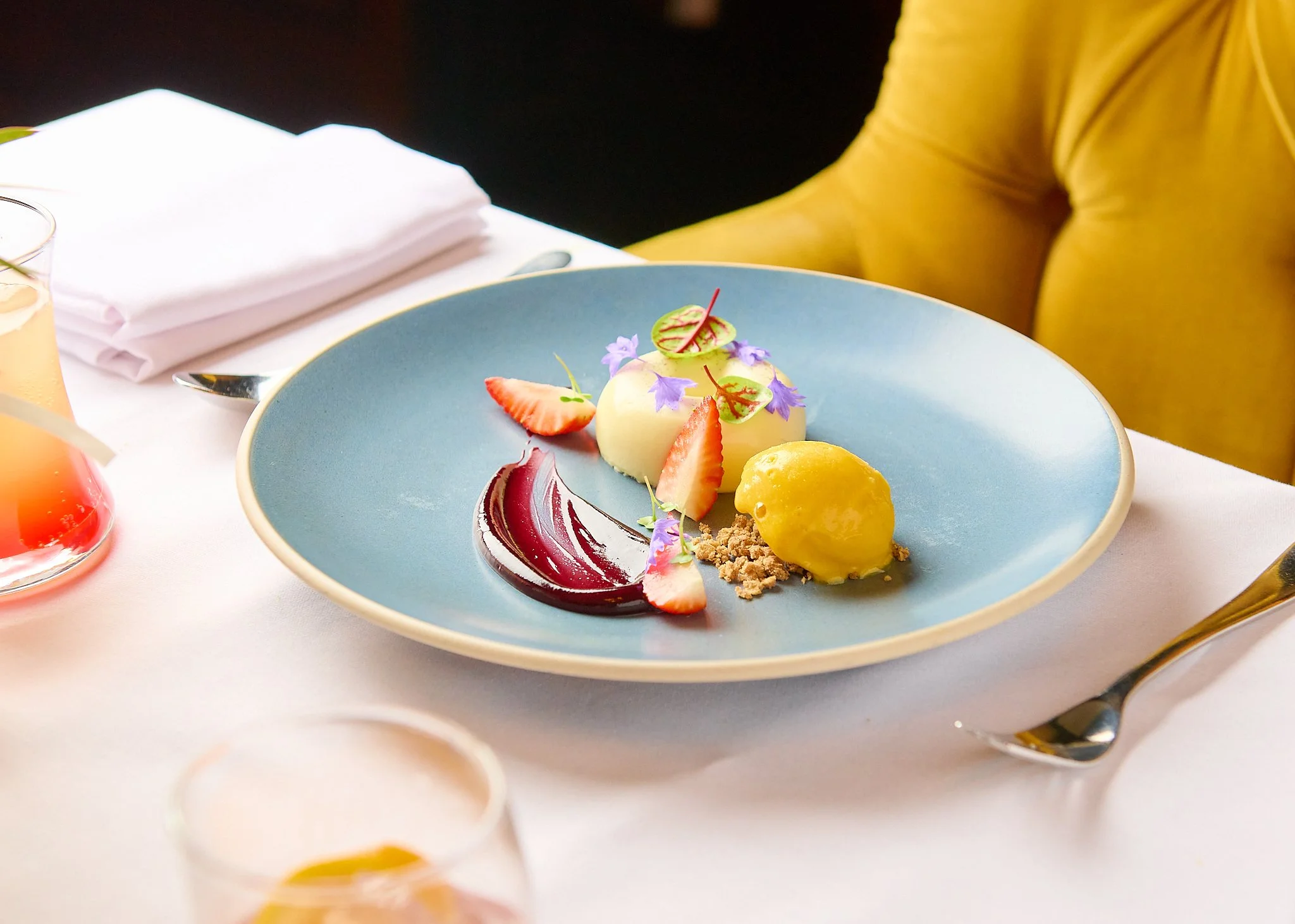 Roseate Edinburgh fruit dessert on blue plate – boutique hotel food photographer Edinburgh