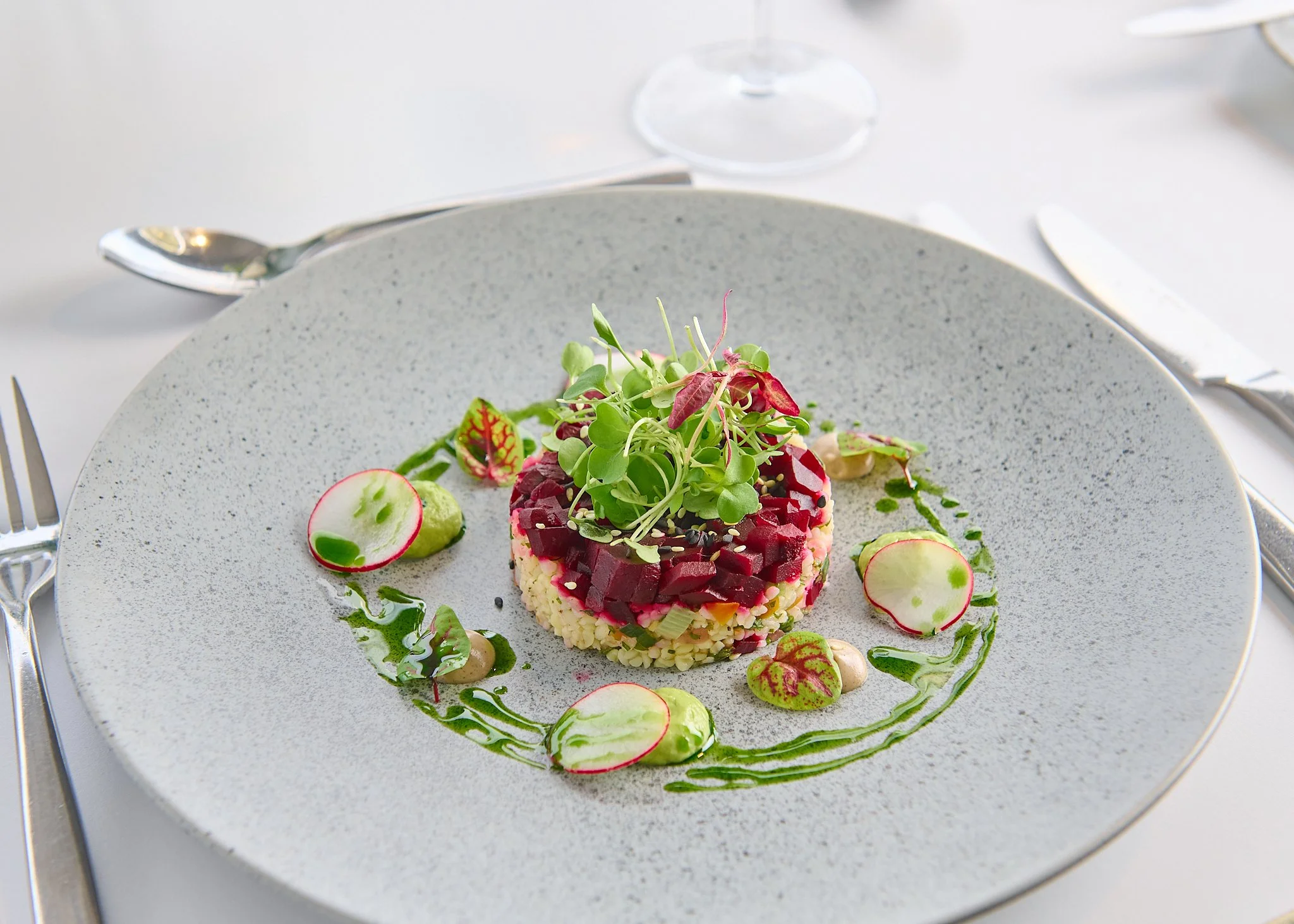Hamilton Park Racecourse tartare starter on grey plate – event food photographer Scotland