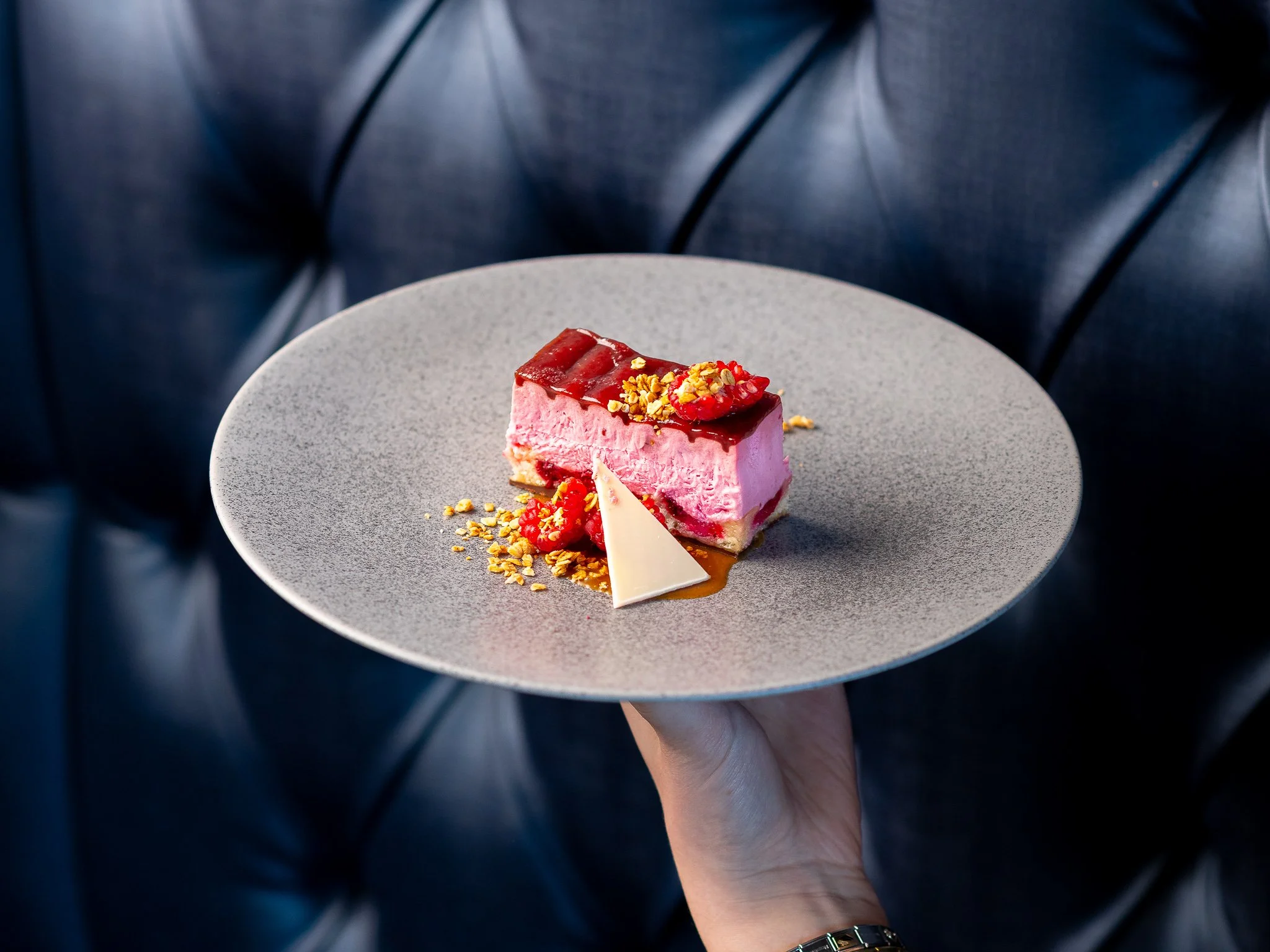 Hamilton Park Racecourse dessert plate served by waiter – fine dining photography Scotland