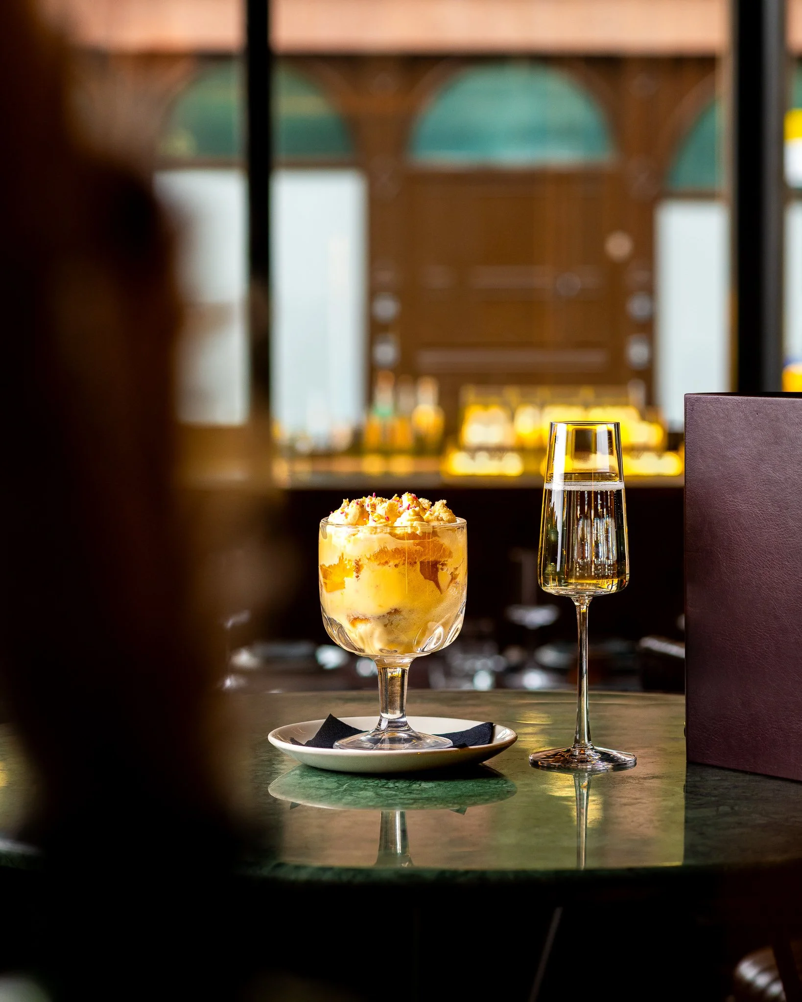 Gost Bar Restaurant Glasgow dessert with champagne – restaurant photographer Glasgow