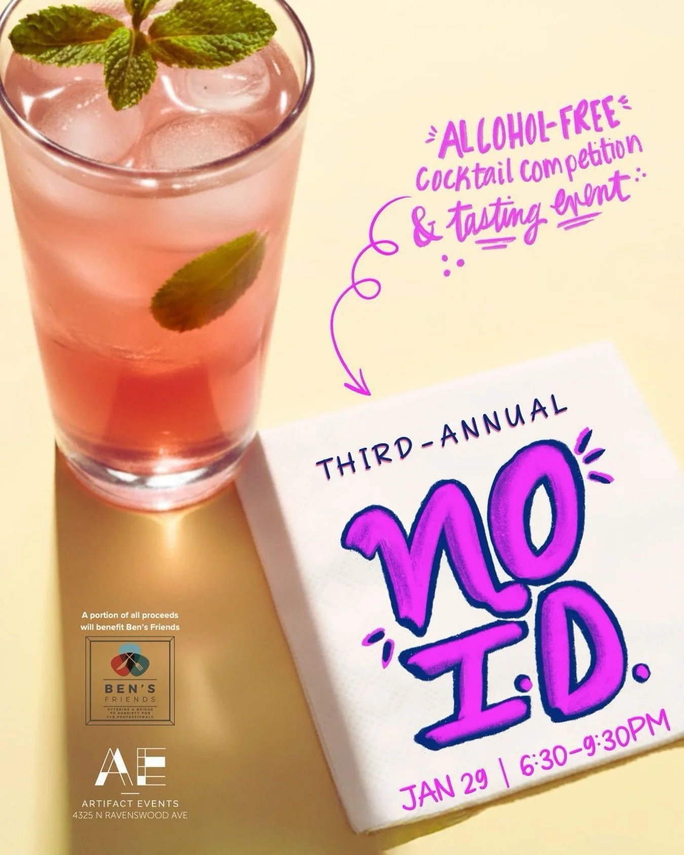 Due to the success of the Bears, we&rsquo;re rescheduling No I.D. to Thursday, January 29 (formerly Sunday, January 18). 

This way, we can focus on great zero-proof cocktails, friendly competition, and far fewer fourth-quarter emotions😅 

Your tick