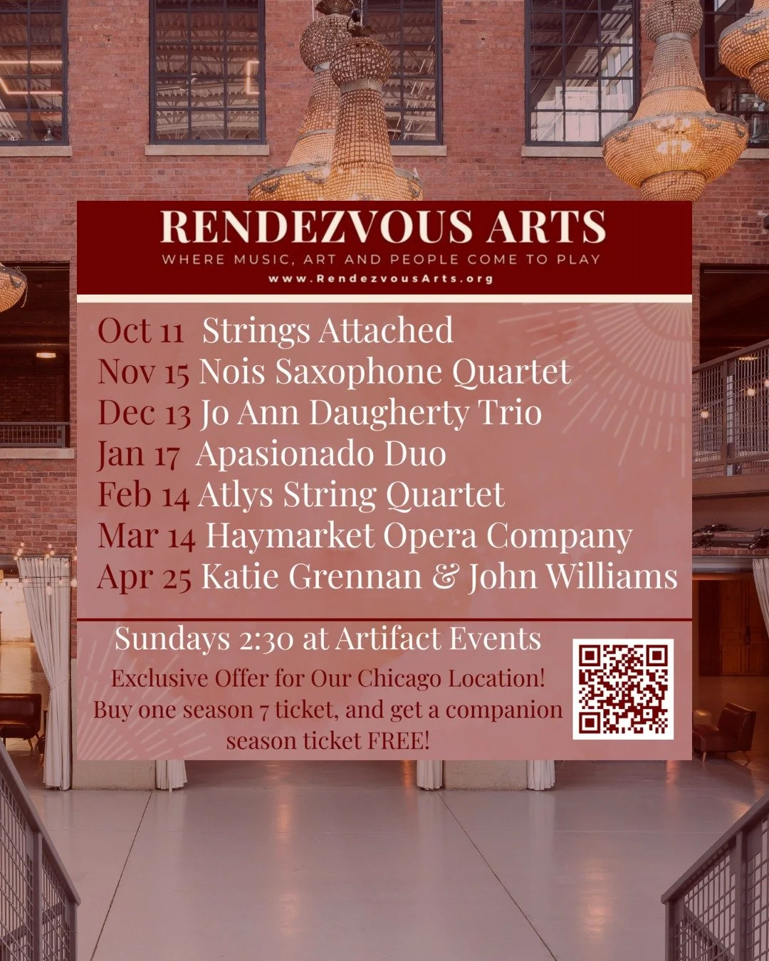 Rendezvous Arts is where music, art, and people come out to play, and they're back for season 7! 

Check out the event schedule here, and scan the QR code for an exclusive BOGO ticket offer &amp; attend one event for FREE

#ravenswood #ravenswoodeven