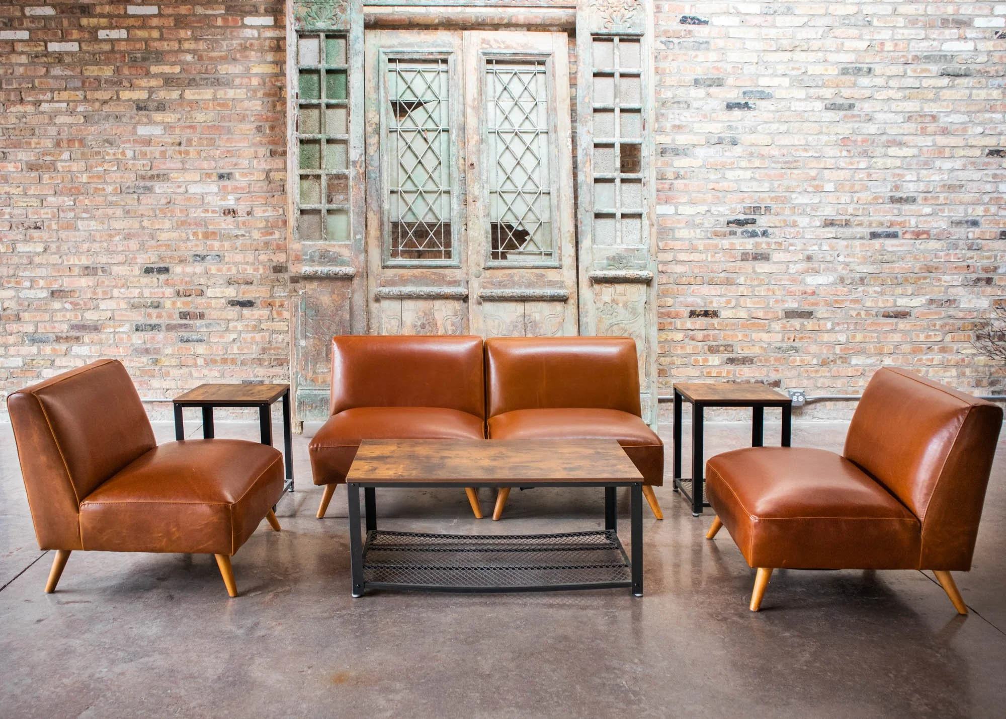 (2) Tan Leather Lounge Furniture Groupings (4 Chairs + 1 Coffee Table Per Grouping)