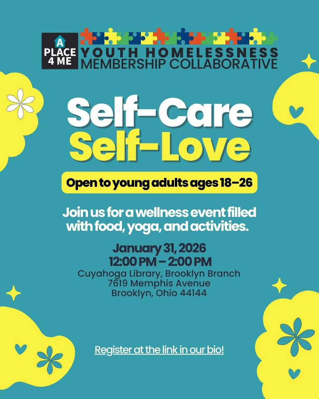 The Youth Homelessness Membership Collaborative planned this Self-Care, Self-Love wellness event to create space for young adults to prioritize their well-being. 

Join us for food, yoga, and activities focused on connection and wellness. ❤🏠

➡ Open