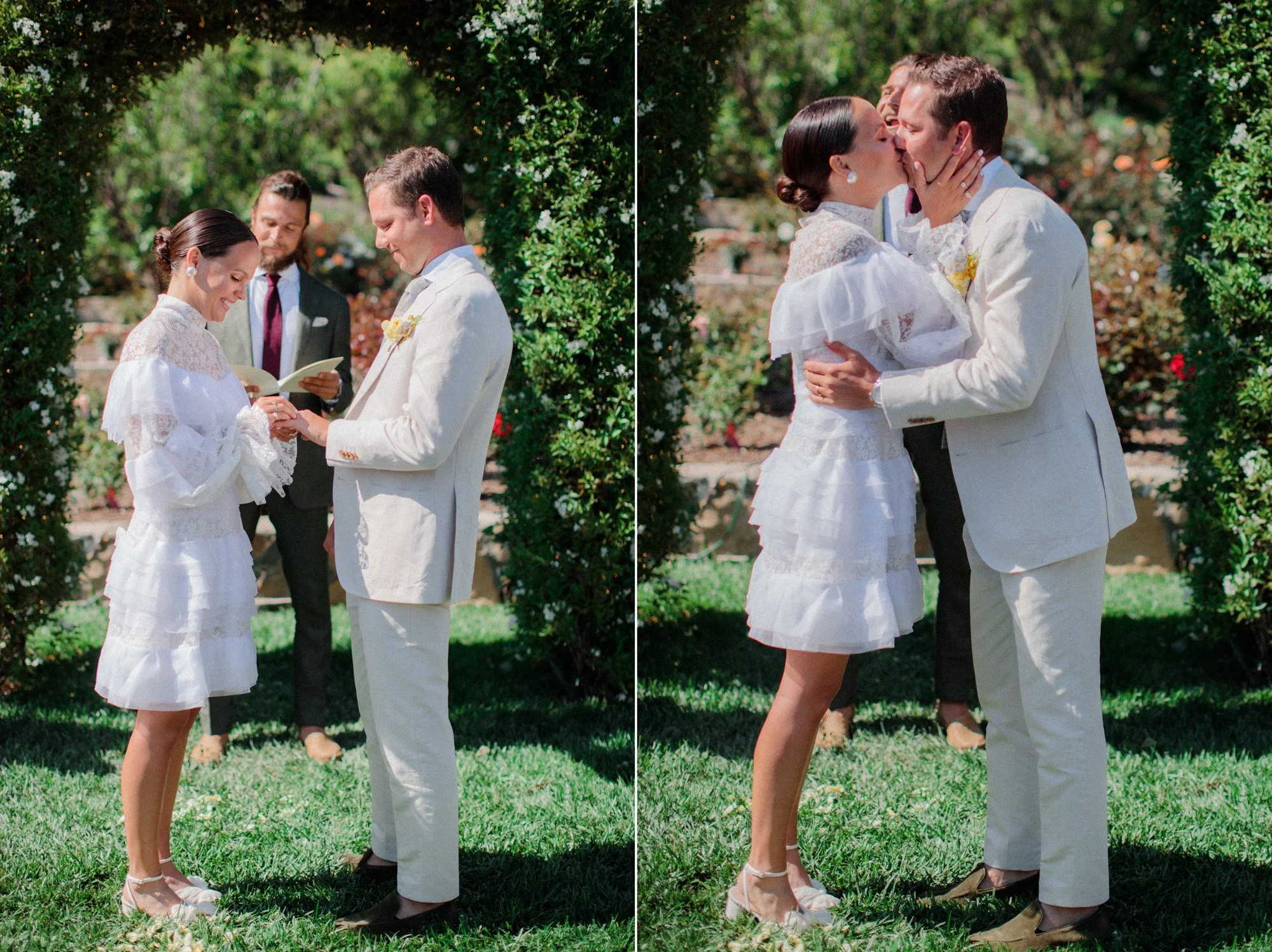 Bride and groom exchanging vows and sharing a kiss during outdoor wedding ceremony photographed by Michael & Anna Costa