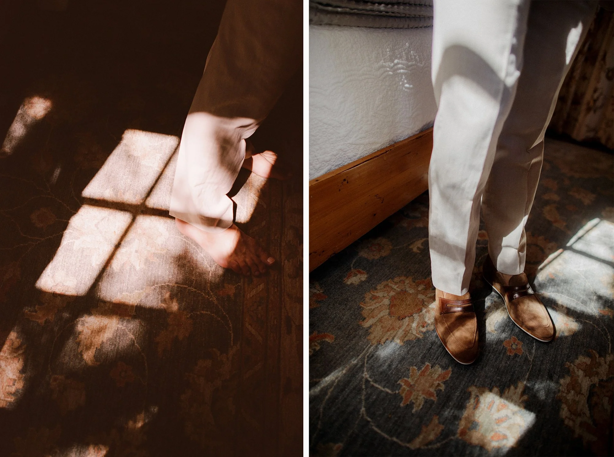 Close-up of sunlight and shadows on a floor with a person’s feet in the frame.
