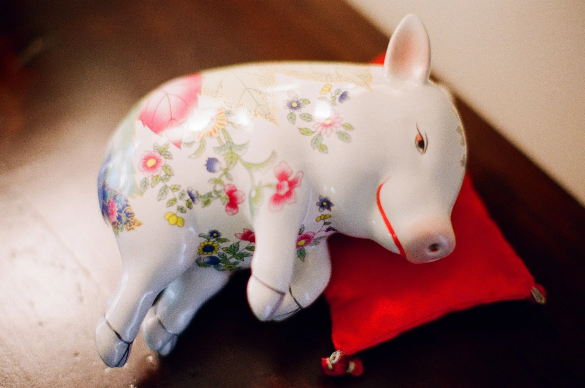 cute acrylic pig display with floral patterns photographed by Michael and Anna Costa