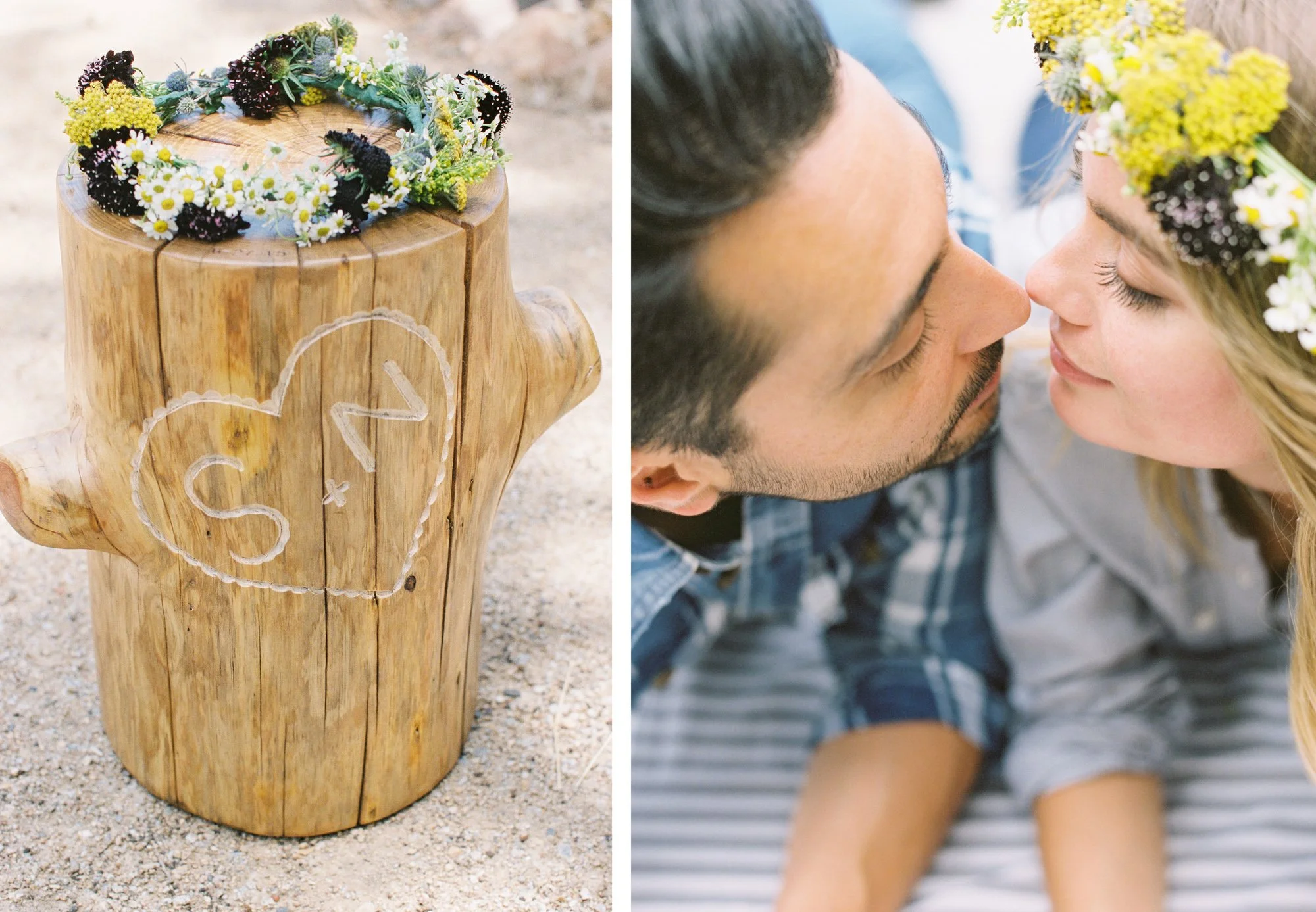 Couple wearing flower crowns, smiling and leaning in for a kiss during their engagement session.