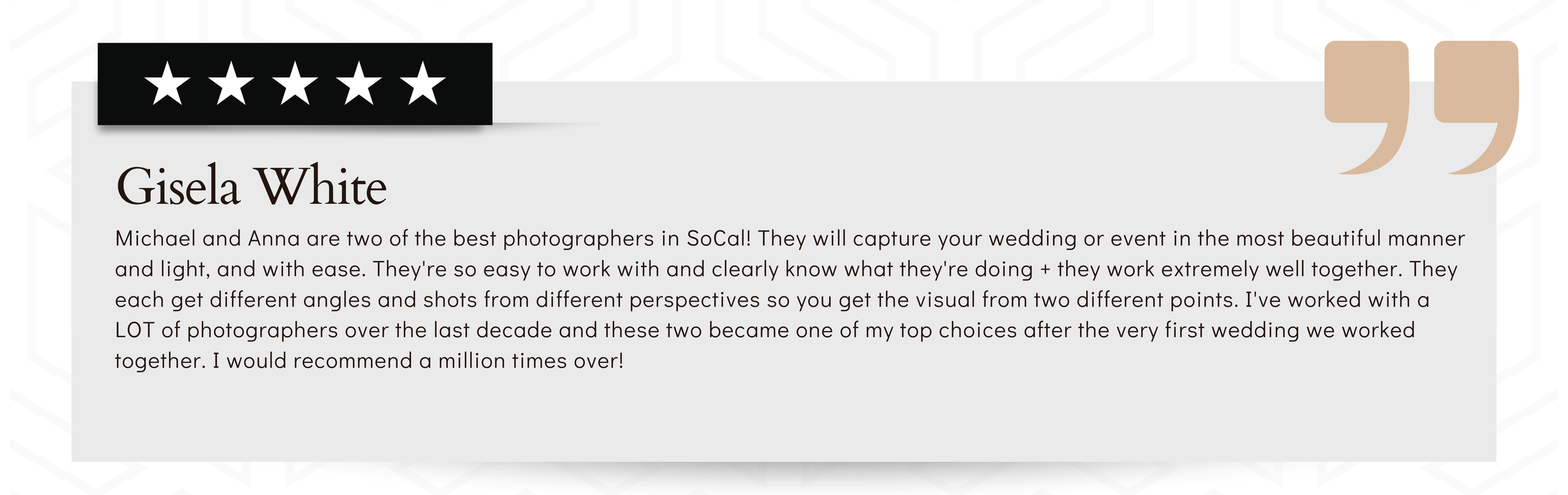 Review of Gisela White, a wedding photographer, with a five-star rating and a description of her work and recommendations.