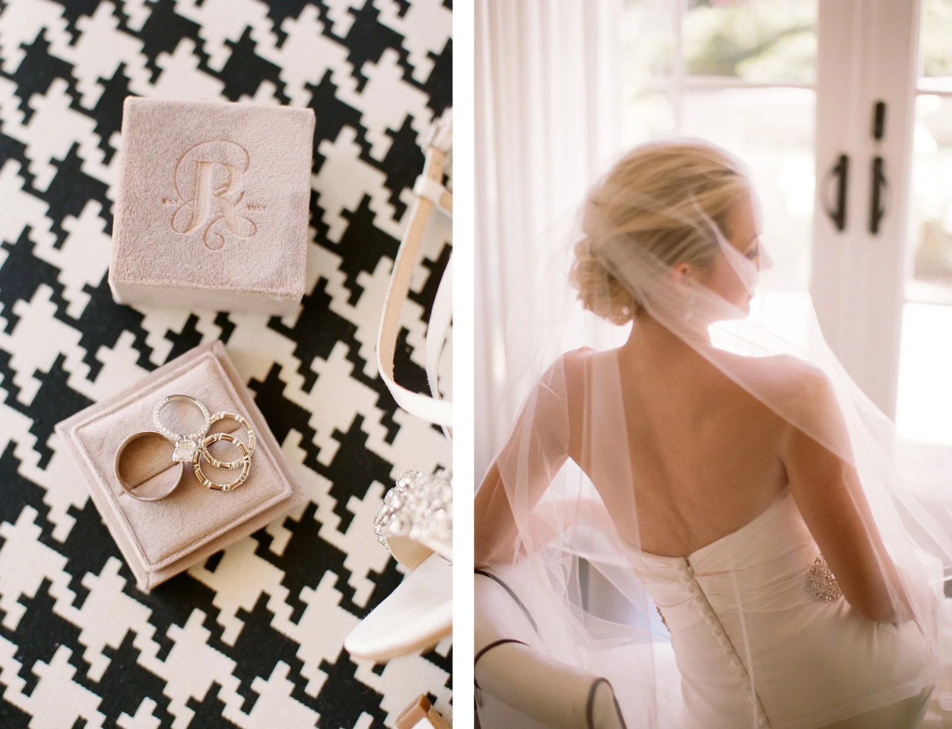 Flat lay of wedding rings in velvet box and bride in white dress getting ready at Rosewood Miramar Beach, photographed by Michael & Anna Costa