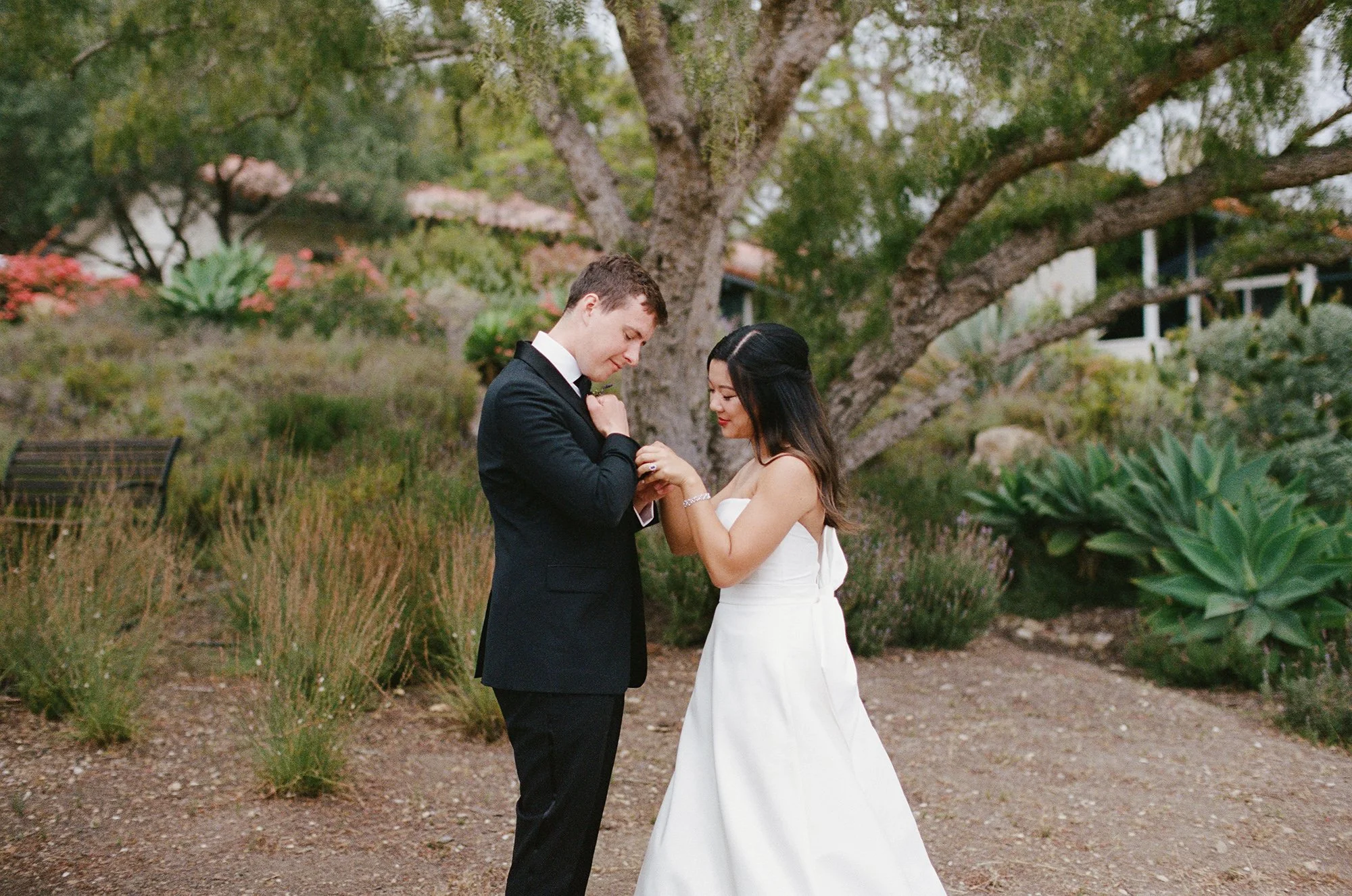 bride and groom standing outdoors photographed by Michael and Anna Costa