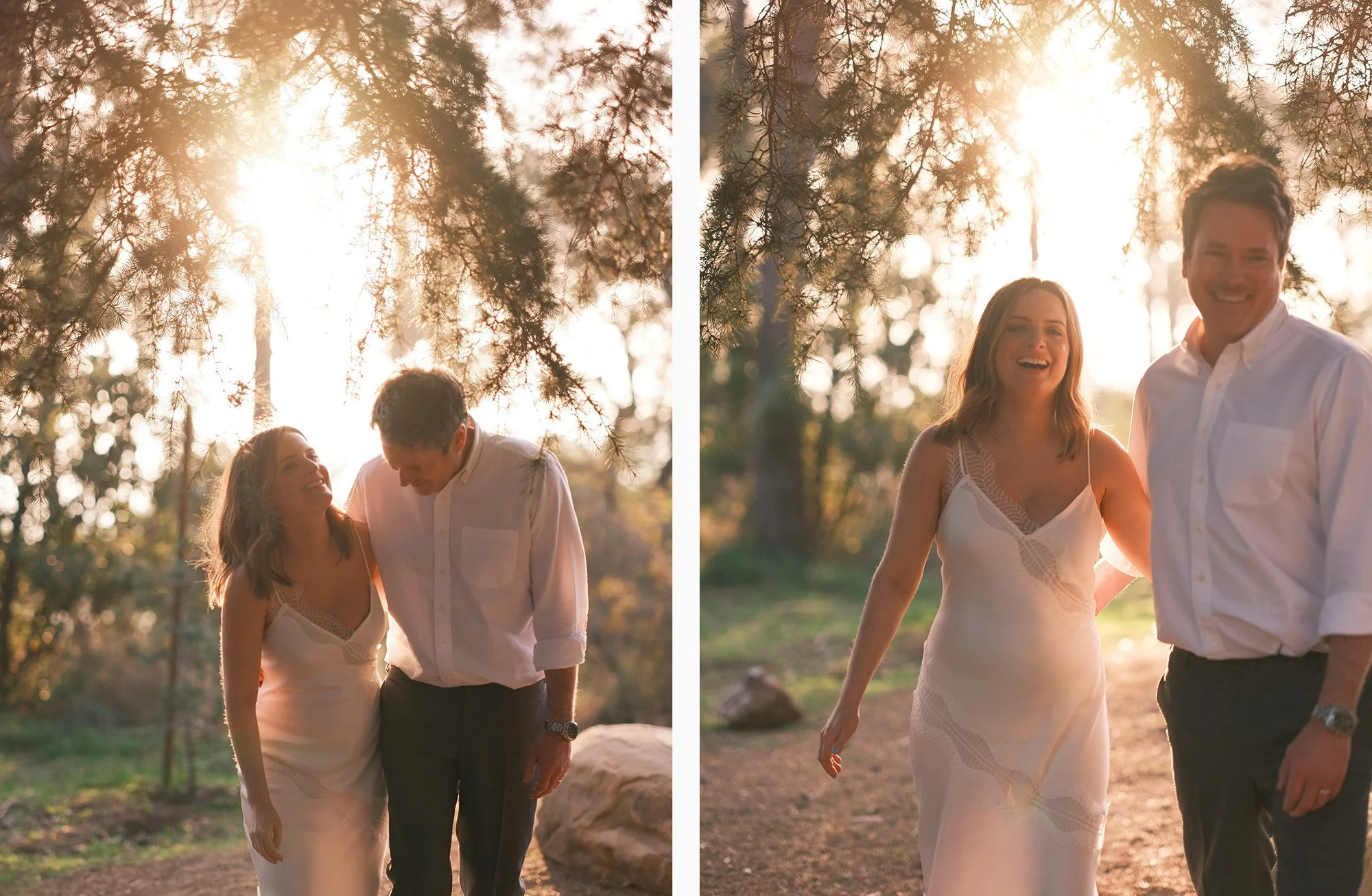 Bride and groom holding hands, walking through a sun-dappled wooded area.