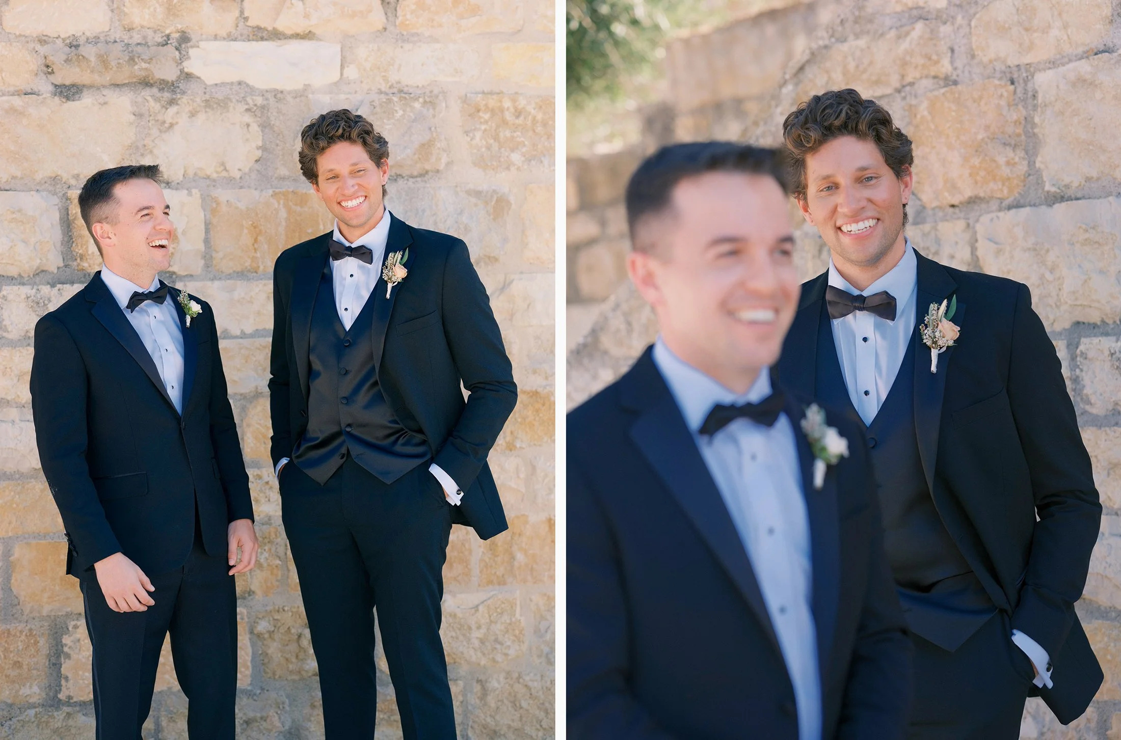 Two groomsmen in tuxedos posing together outside.