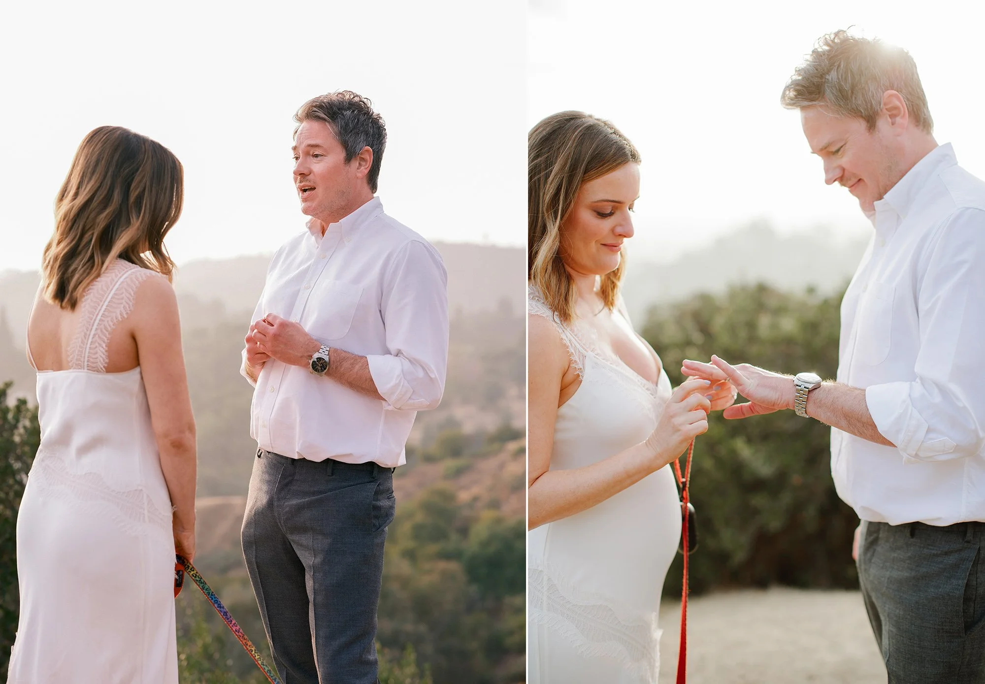 Bride and groom standing together, bride holding her belly in a maternity pose.