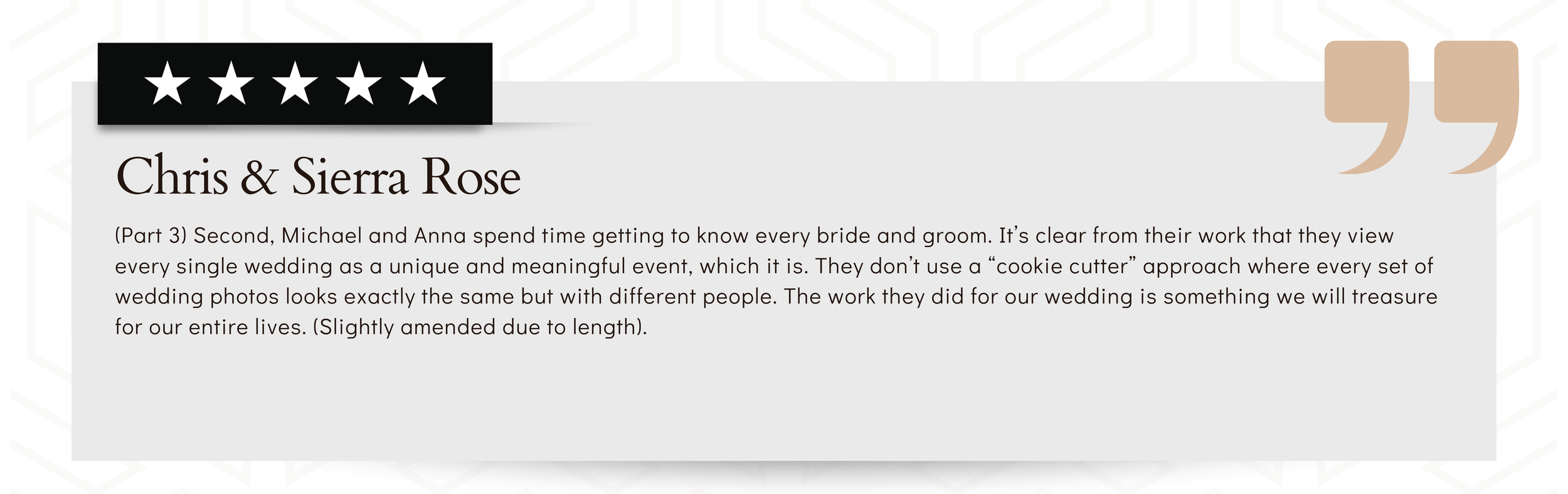 Gold five-star rating above text about Chris and Sierra Rose, who spent time getting to know each other for their wedding, highlighting their work on wedding photography.
