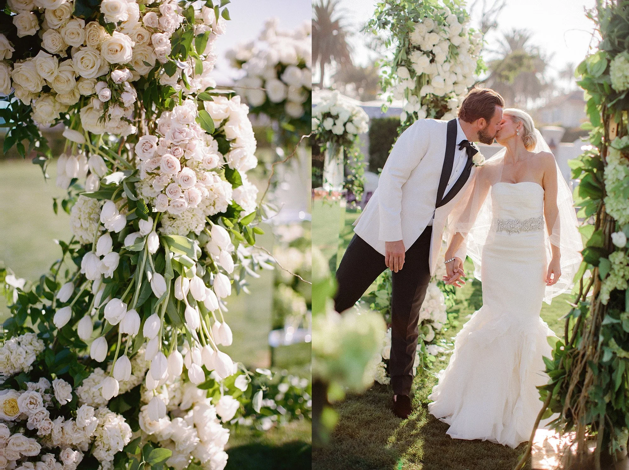 Bride and groom walking hand in hand past floral arch at Rosewood Miramar Beach wedding, photographed by Michael & Anna Costa