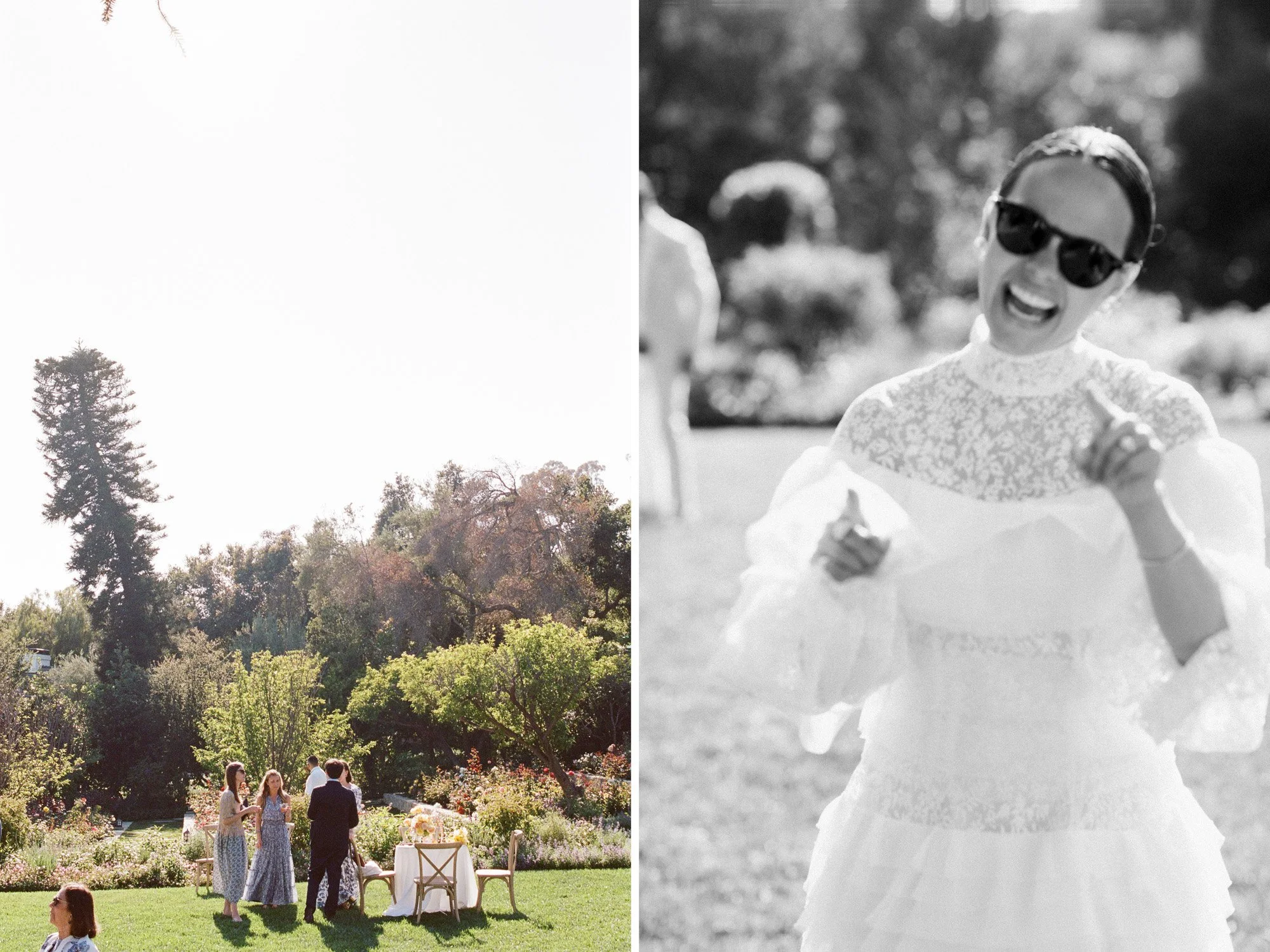 Bride in sunglasses smiling and holding bouquet outdoors at San Ysidro Ranch wedding, photographed by Michael & Anna Costa