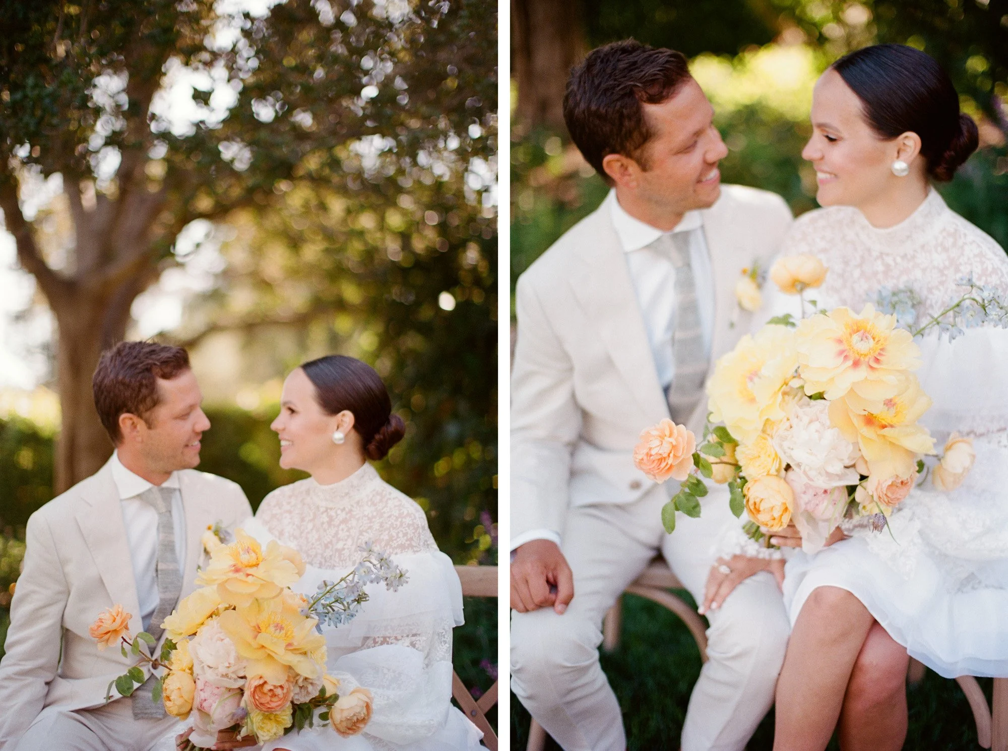 Bride and groom sitting together outdoors holding yellow and white bouquet at San Ysidro Ranch wedding, photographed by Michael & Anna Costa