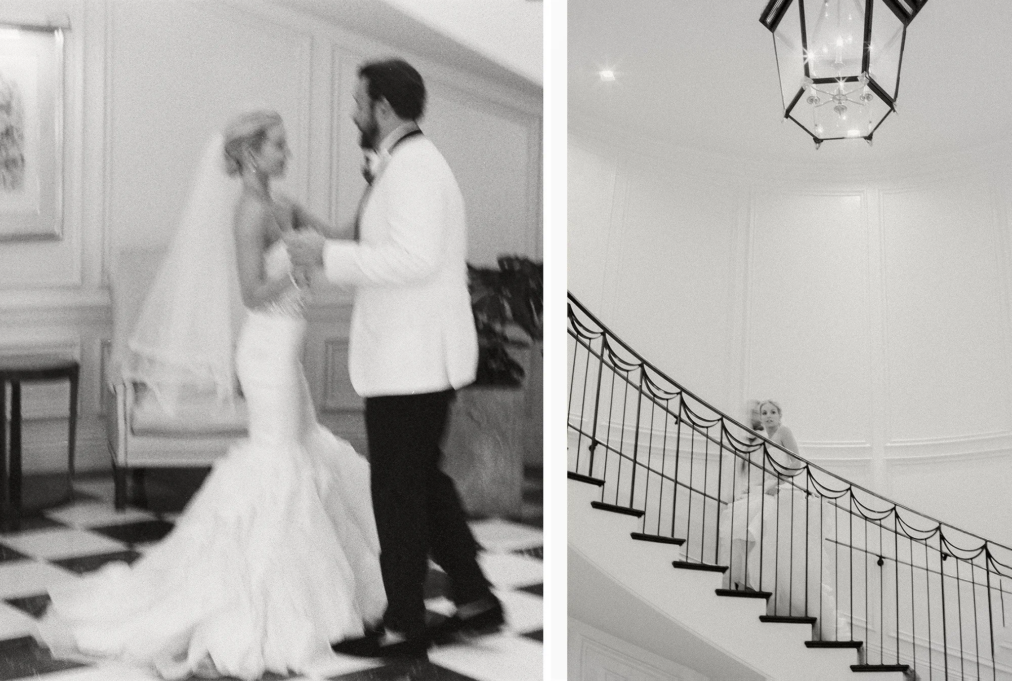 Bride and groom sharing a first dance indoors at Rosewood Miramar Beach wedding, photographed by Michael & Anna Costa
