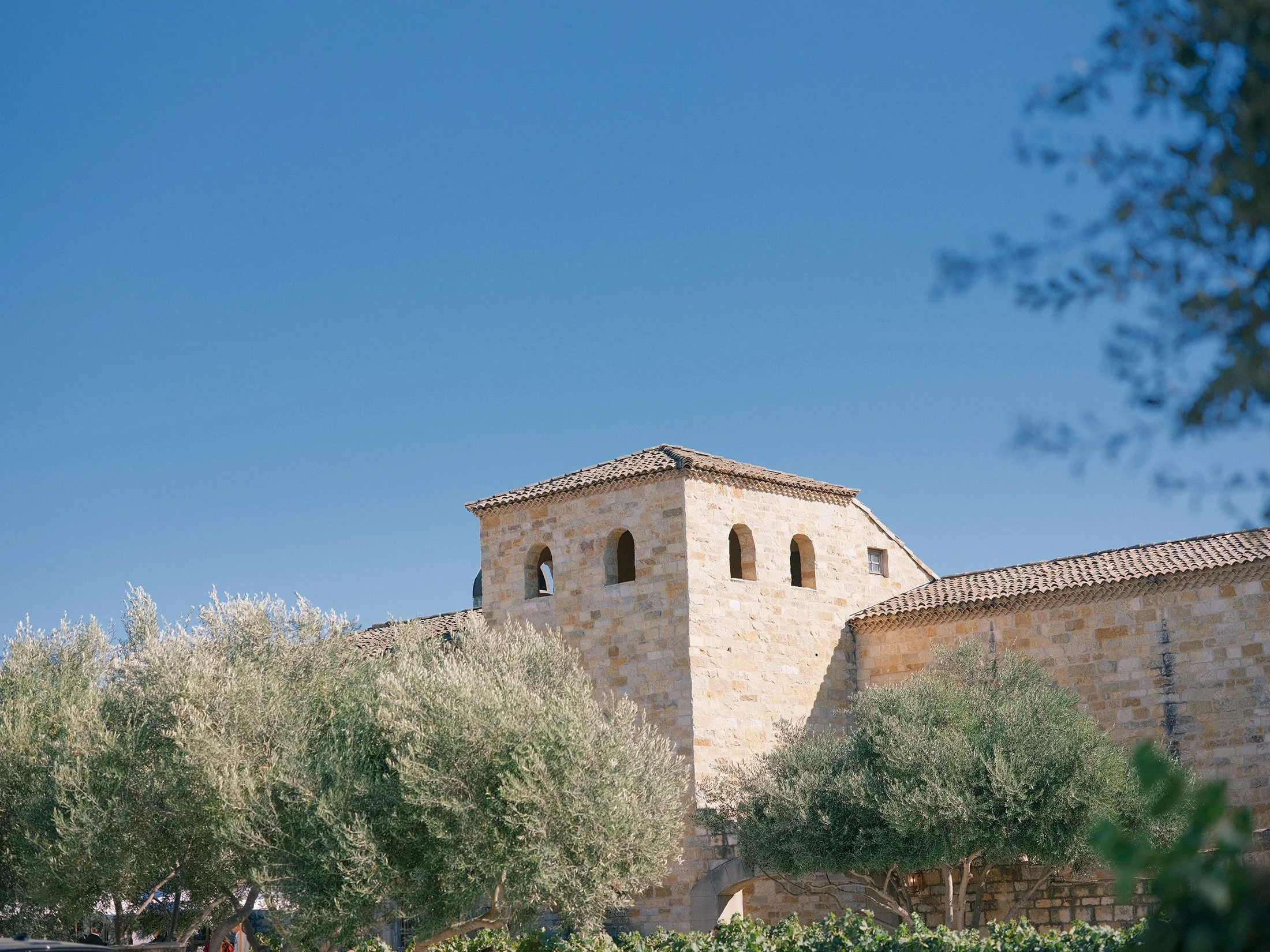 Exterior view of Sunstone Villa with blue sky and olive trees, photographed by Michael & Anna Costa