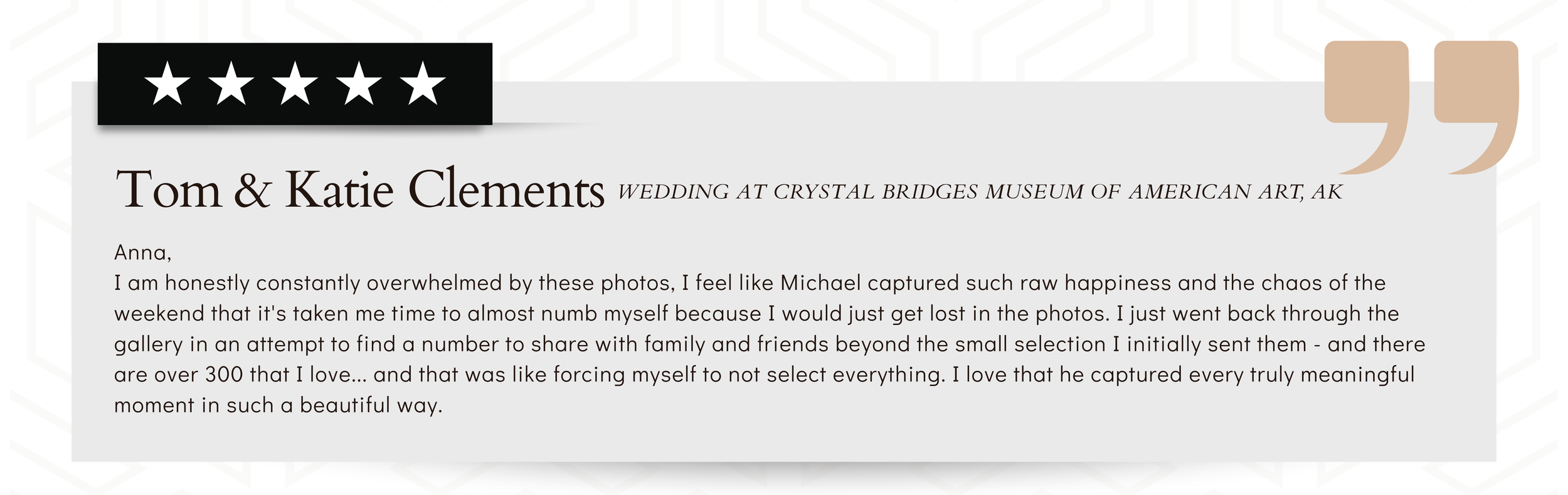 Customer review with a five-star rating, sample testimonial about wedding photos, and decorative quote marks.