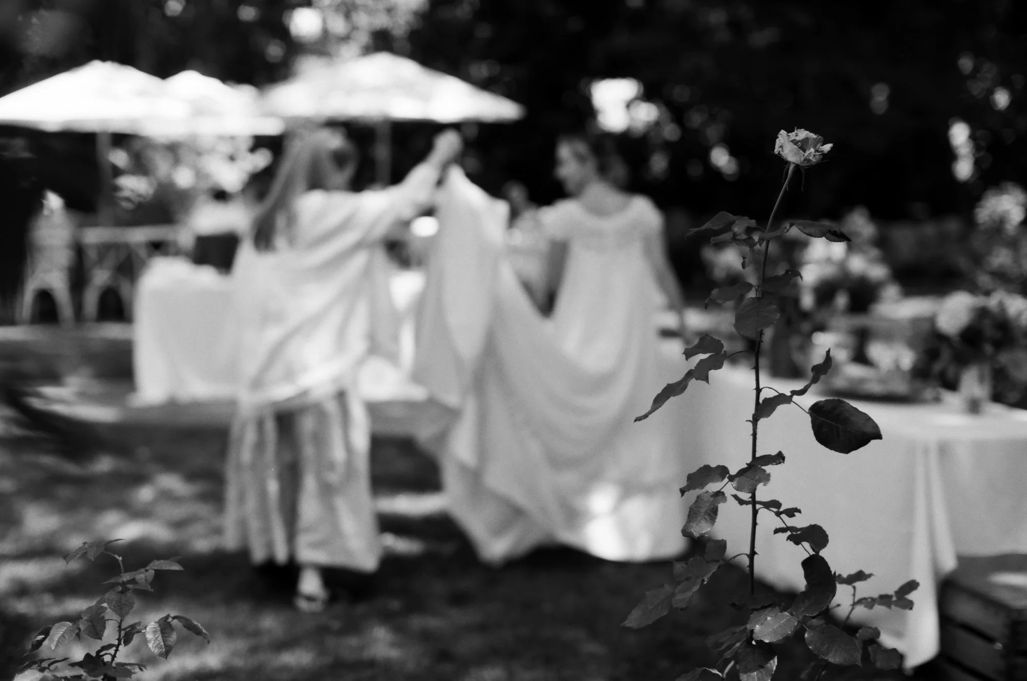 Outdoor wedding reception with white tablecloths and umbrellas on a sunny day.