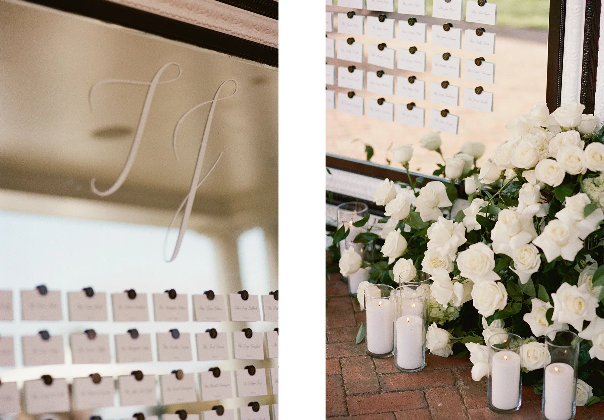 Escort card display with white roses and candles at Rosewood Miramar Beach wedding, photographed by Michael & Anna Costa