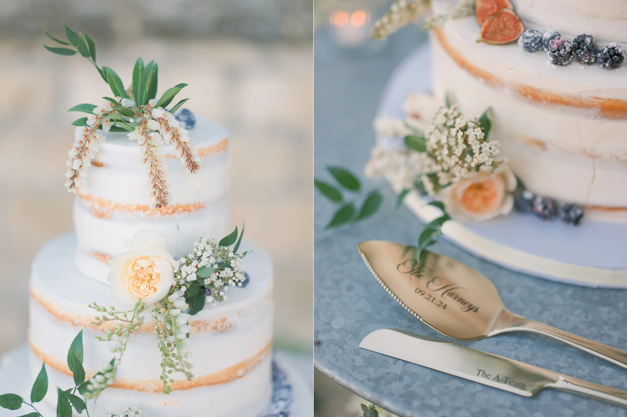 White wedding cake decorated with fresh flowers and greenery.