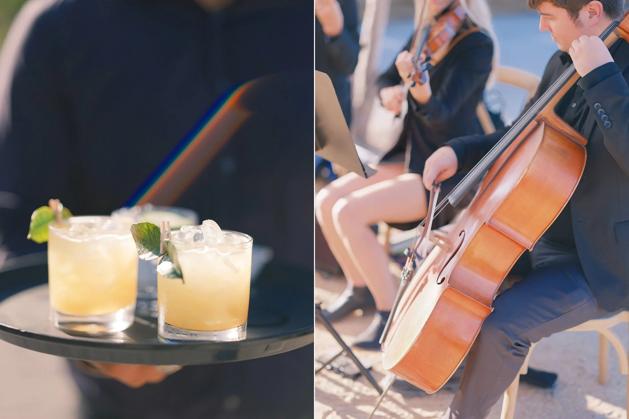 Musicians playing string instruments at an outdoor wedding ceremony.