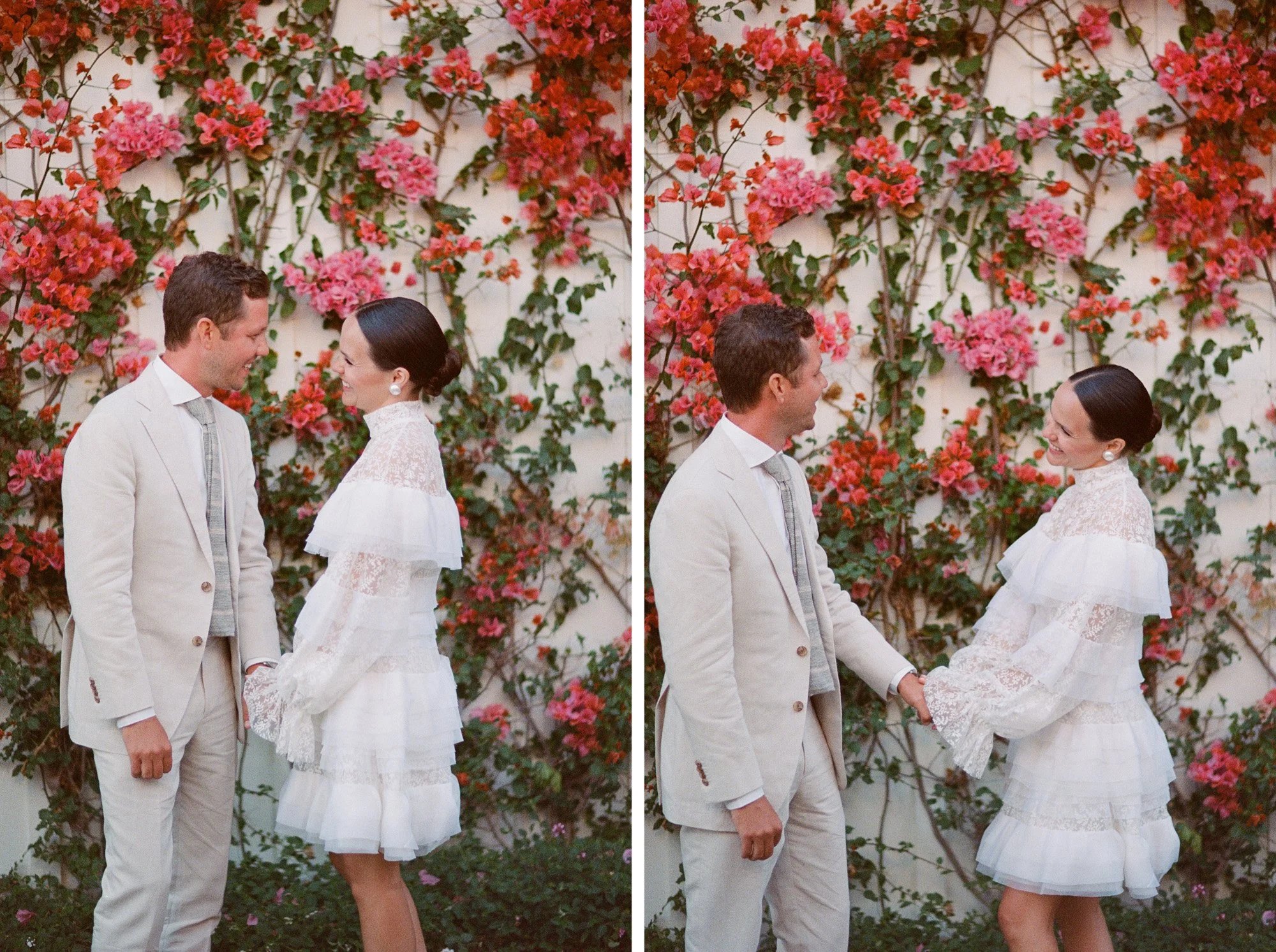 Bride and groom holding hands in front of a vibrant bougainvillea wall at San Ysidro Ranch, photographed by Michael & Anna Costa