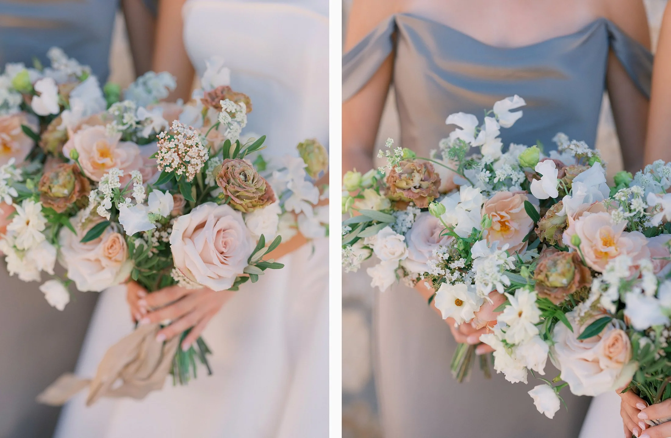 Close-up of pastel wedding bouquets with white, pink, and blue flowers.