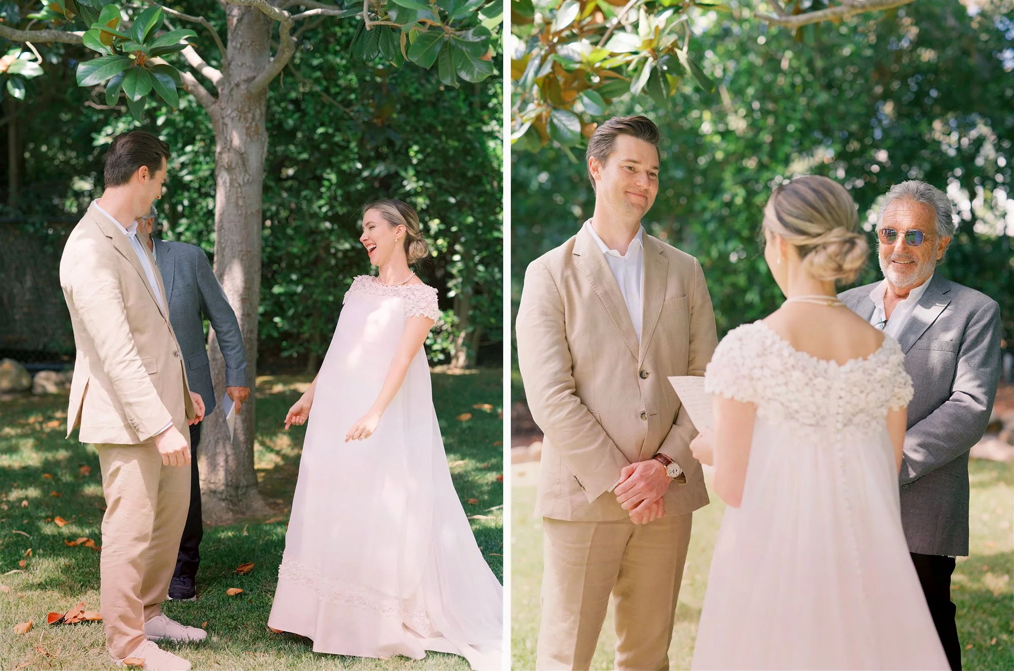 Bride and groom exchanging vows outdoors, officiant standing beside them.