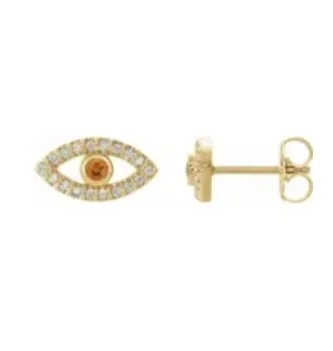 Close-up of an eye-shaped earring with small gemstones around the outline and a gold circular detail at the center, shown from both front and side views.
