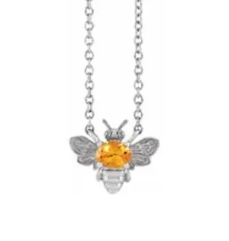 Necklace with a bee pendant featuring a yellow gemstone body and silver wings and antennae.