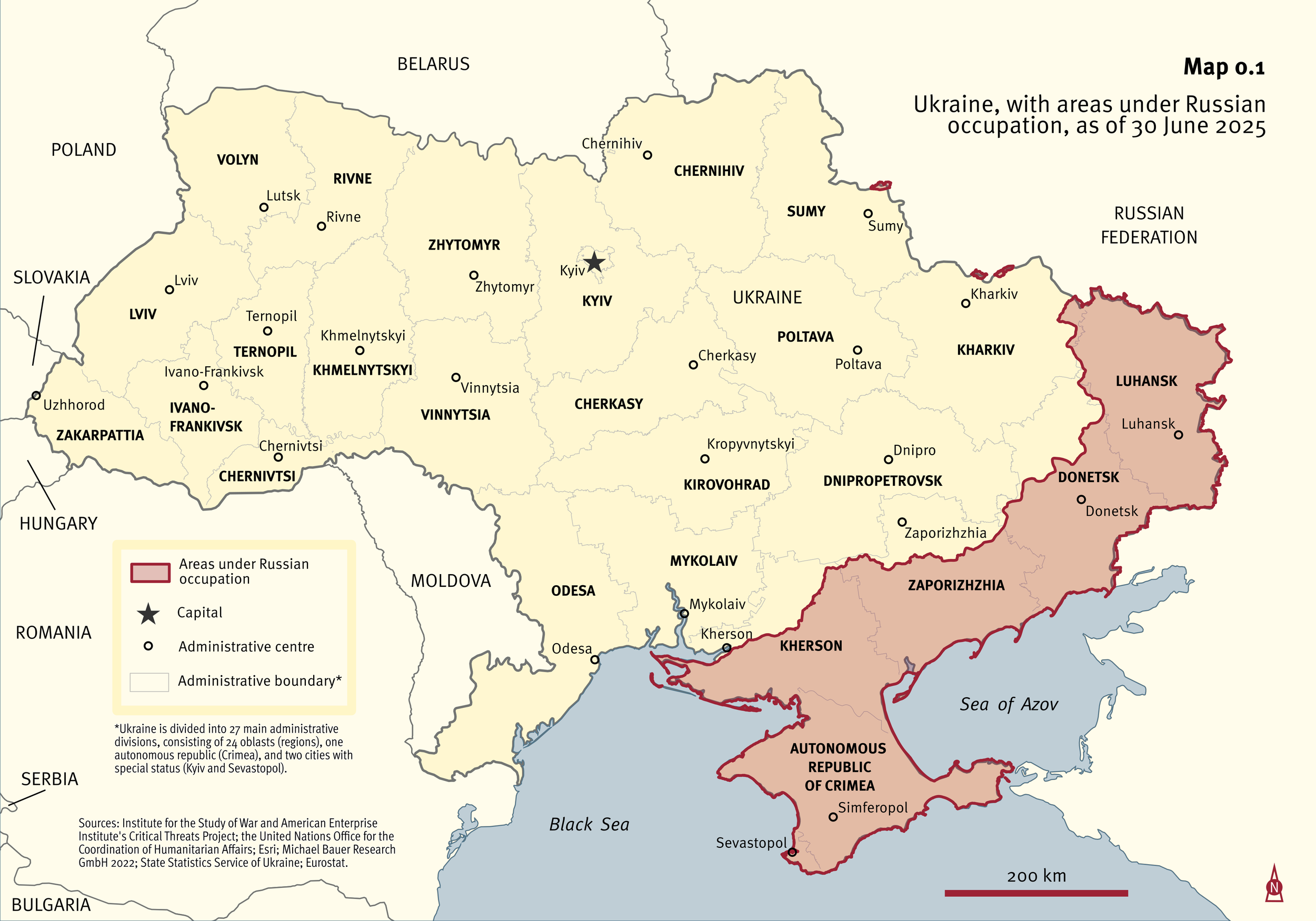 Map of Ukraine with areas under Russian occupation created for "Weapons Compass: Proliferation and Control of Arms and Ammunition in Wartime Ukraine" a report by Small Arms Survey, December 2025.