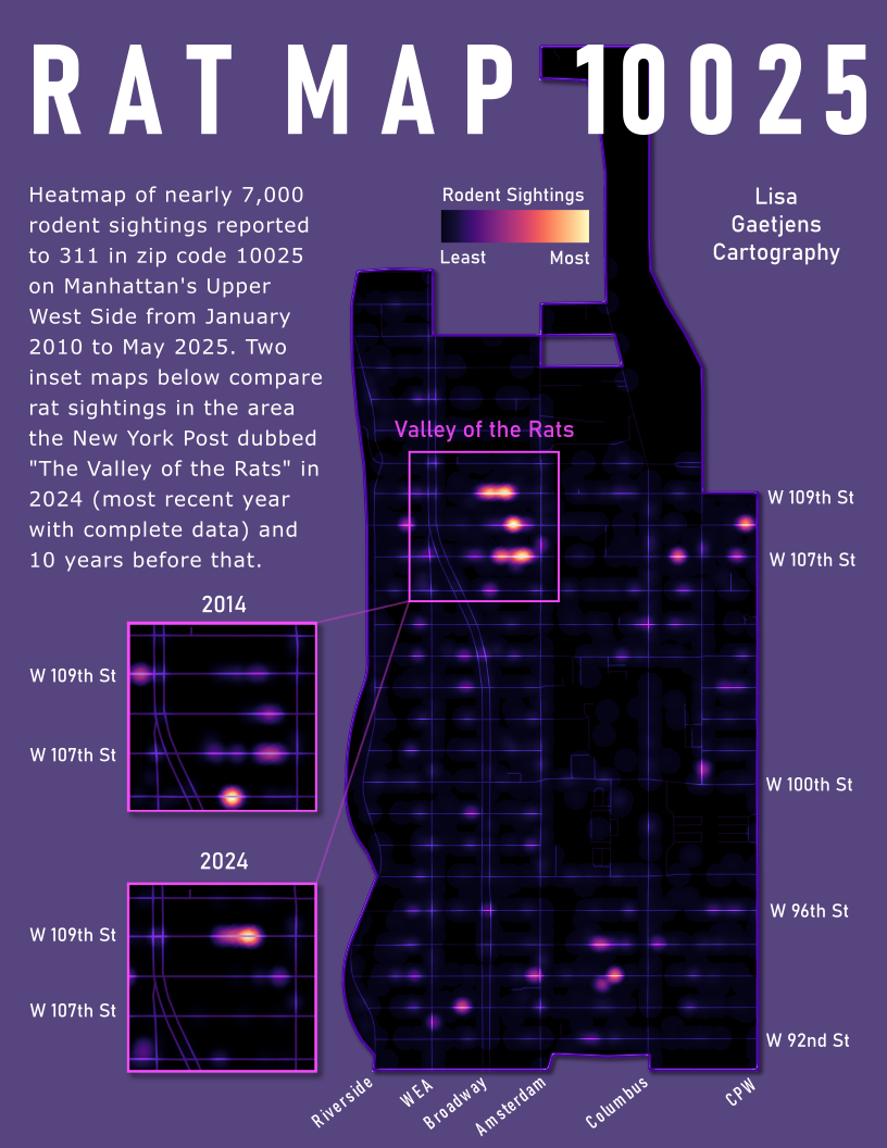 Map of rodent sightings in zip code 10025 in Manhattan's Upper West Side with special emphasis on the area named the "Valley of the Rats" by the NY Post.