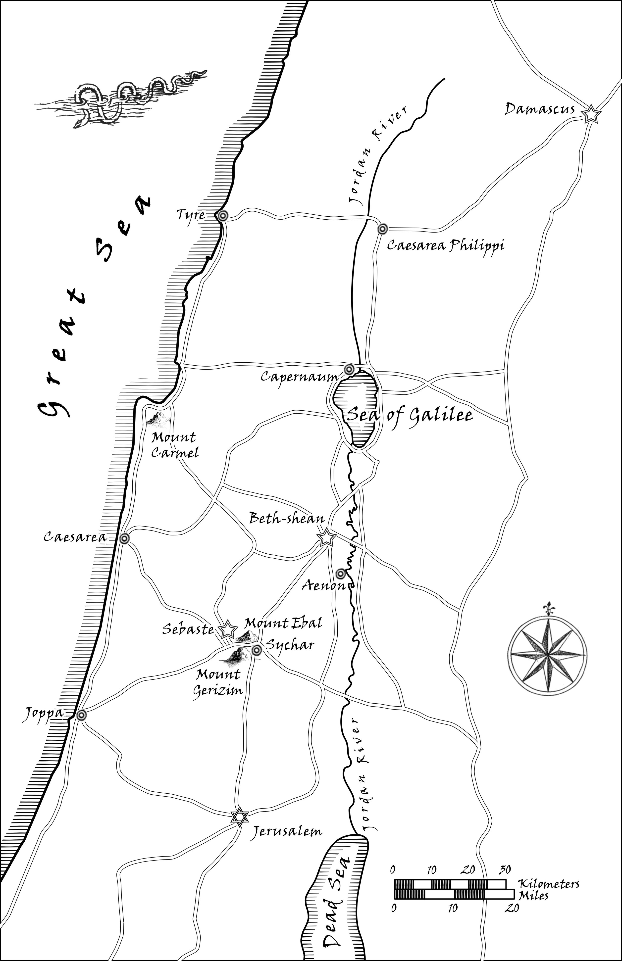 Fantasy-style black and white map of the Holy Land from the Dead Sea and Jerusalem, to the Mediterranean coast, to Damascus.