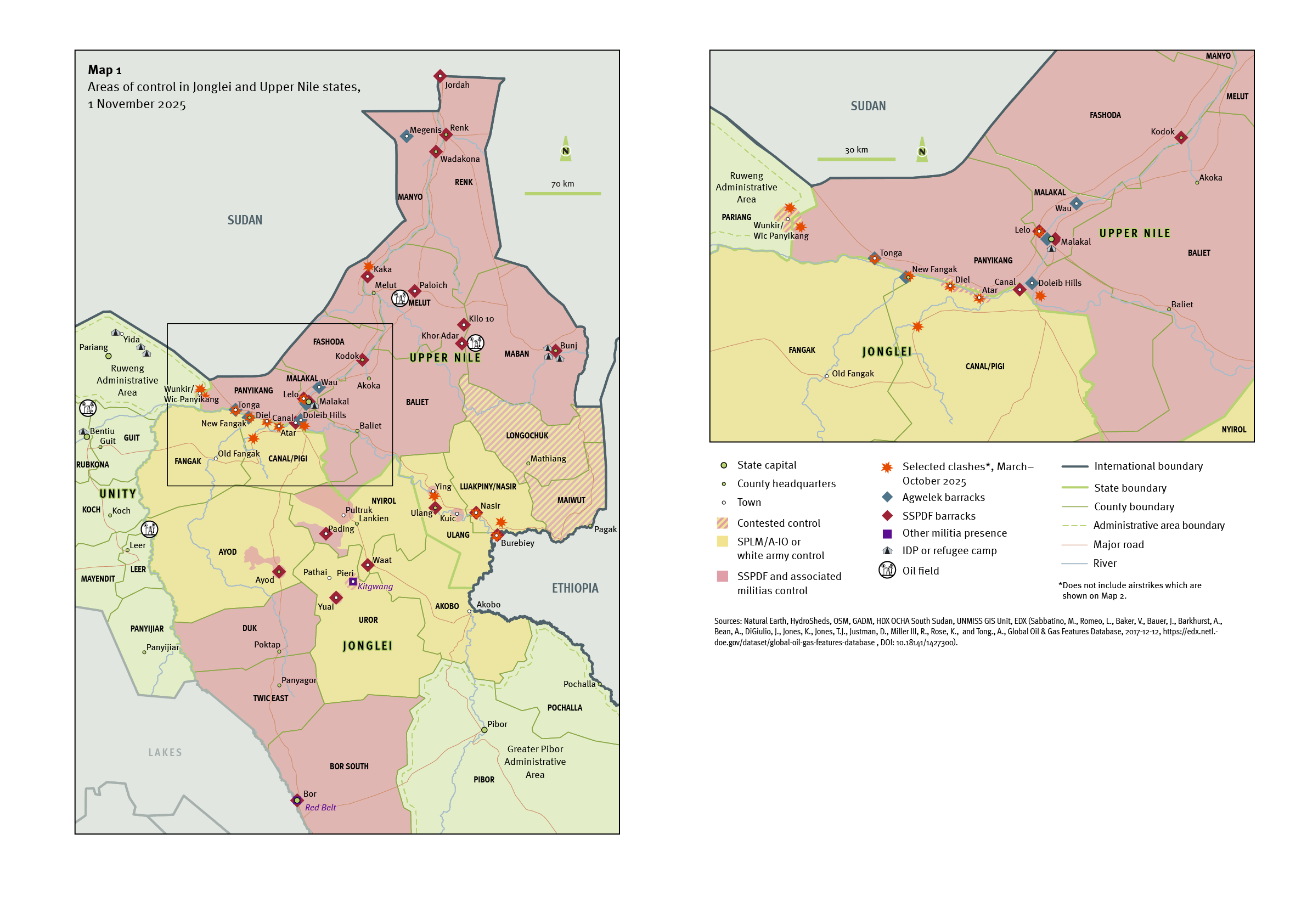 Map of areas controlled by armed forces created for "A Country for Old Men: The State of the Nuer White Armies of South Sudan" Briefing Paper by Joshua Craze for Small Arms Survey, December 2025. 