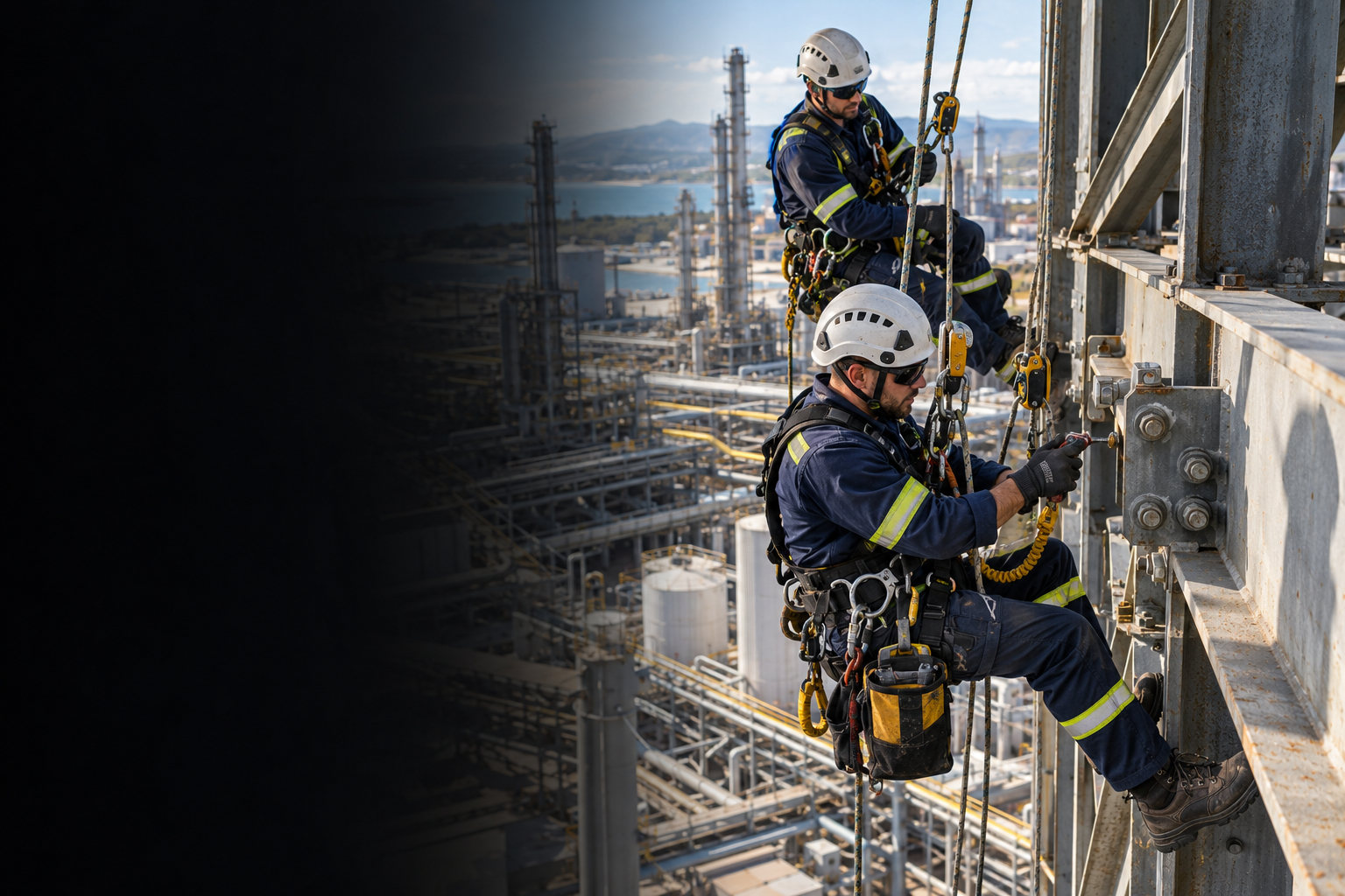Rope access workers conducting industrial work high above a refinery