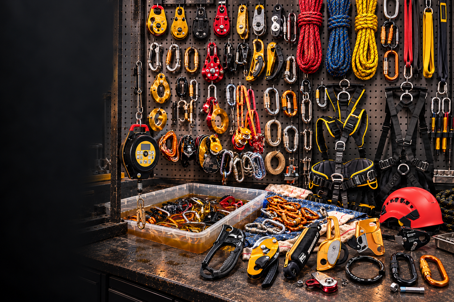 Height safety equipment arranged for inspection and maintenance, including harnesses, ropes, helmets, carabiners and descenders.