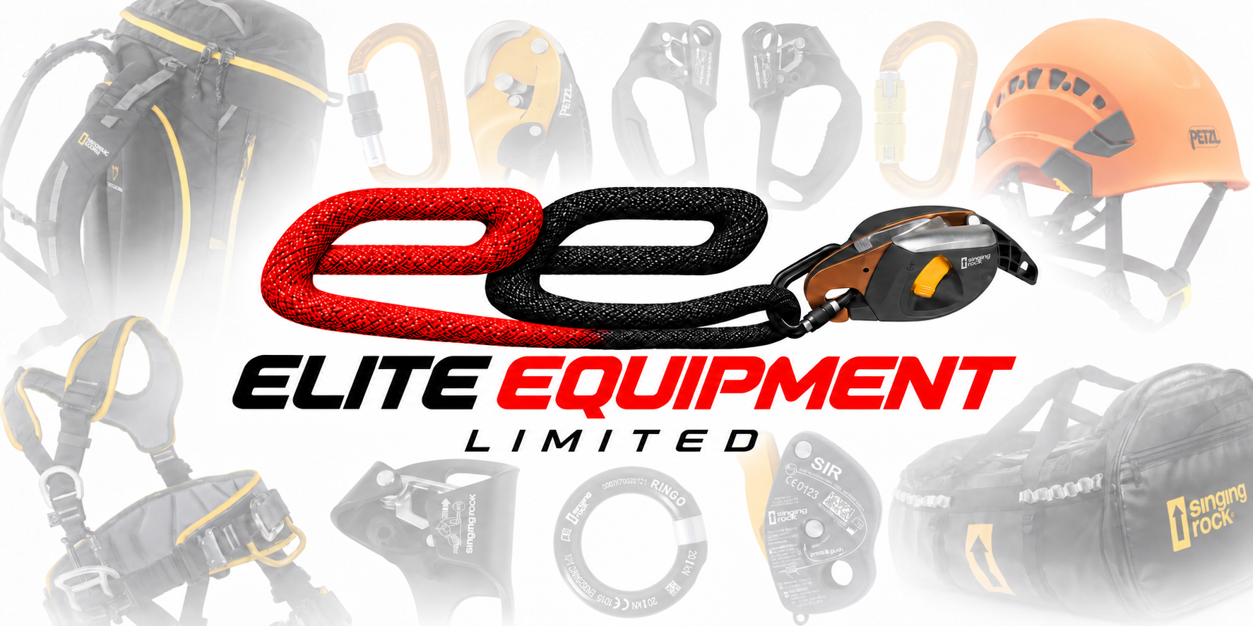 Elite Equipment logo surrounded by height safety and rope access equipment