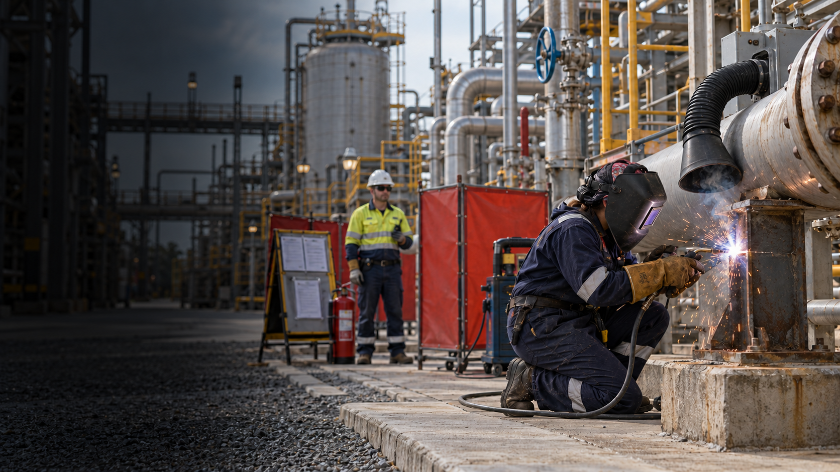 Worker welding pipes at an industrial oil refinery with two other workers observing nearby, surrounded by complex piping and tanks.