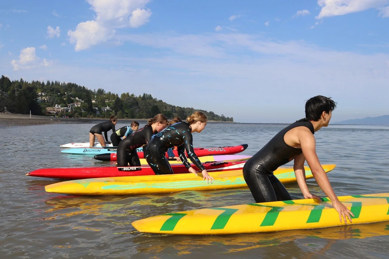 Athletes preparing to paddle prone rescue boards