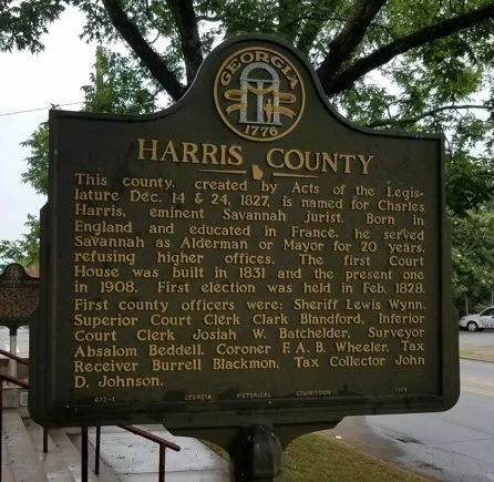 Historical marker for Harris County, Georgia, established in 1776, with information about the county's creation, early history, and officials.