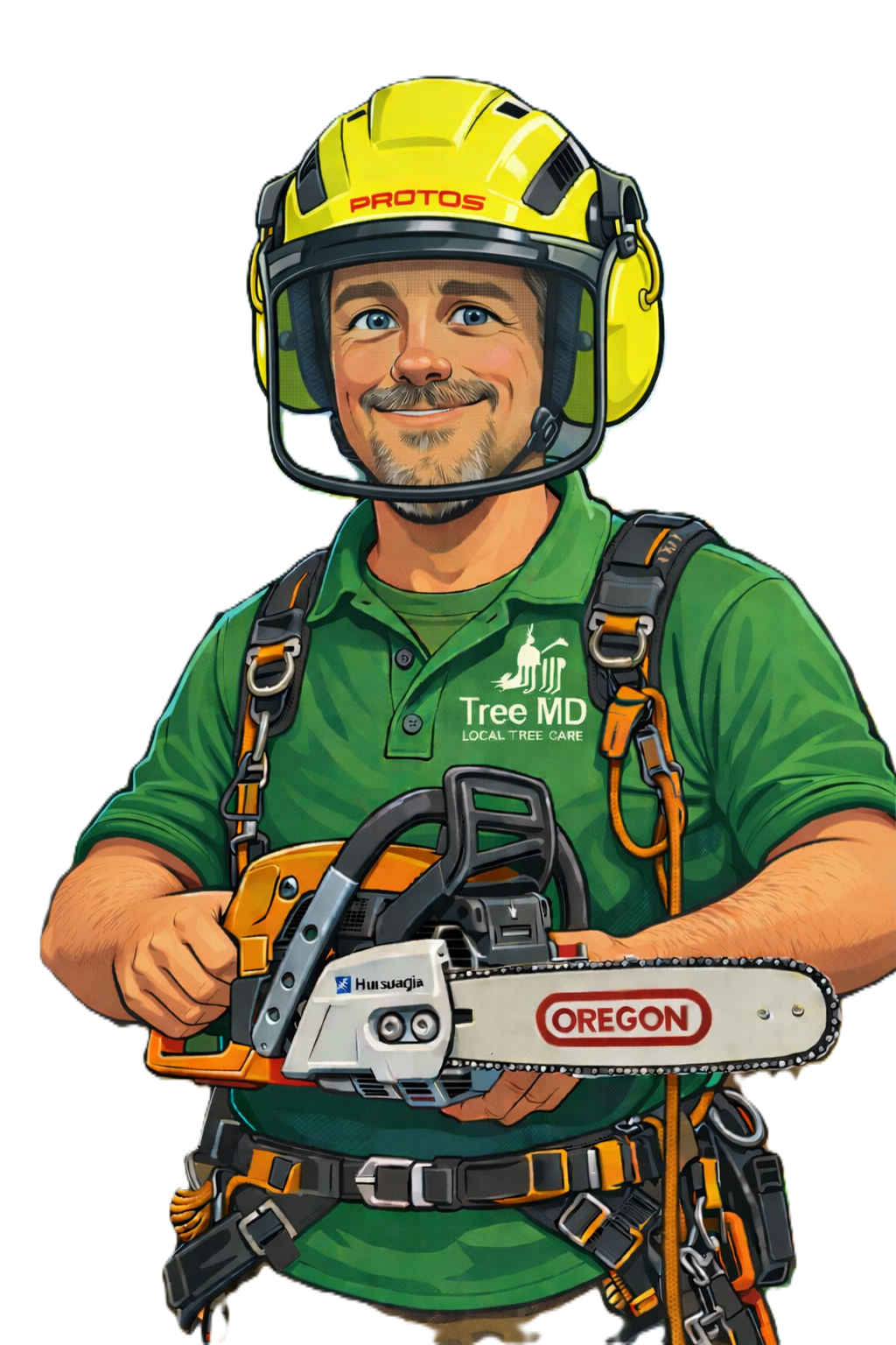 A man in professional tree care gear holding a chainsaw with a smiling expression, wearing a yellow helmet, green shirt with 'Tree MD Local Tree Care' logo, and safety harness.
