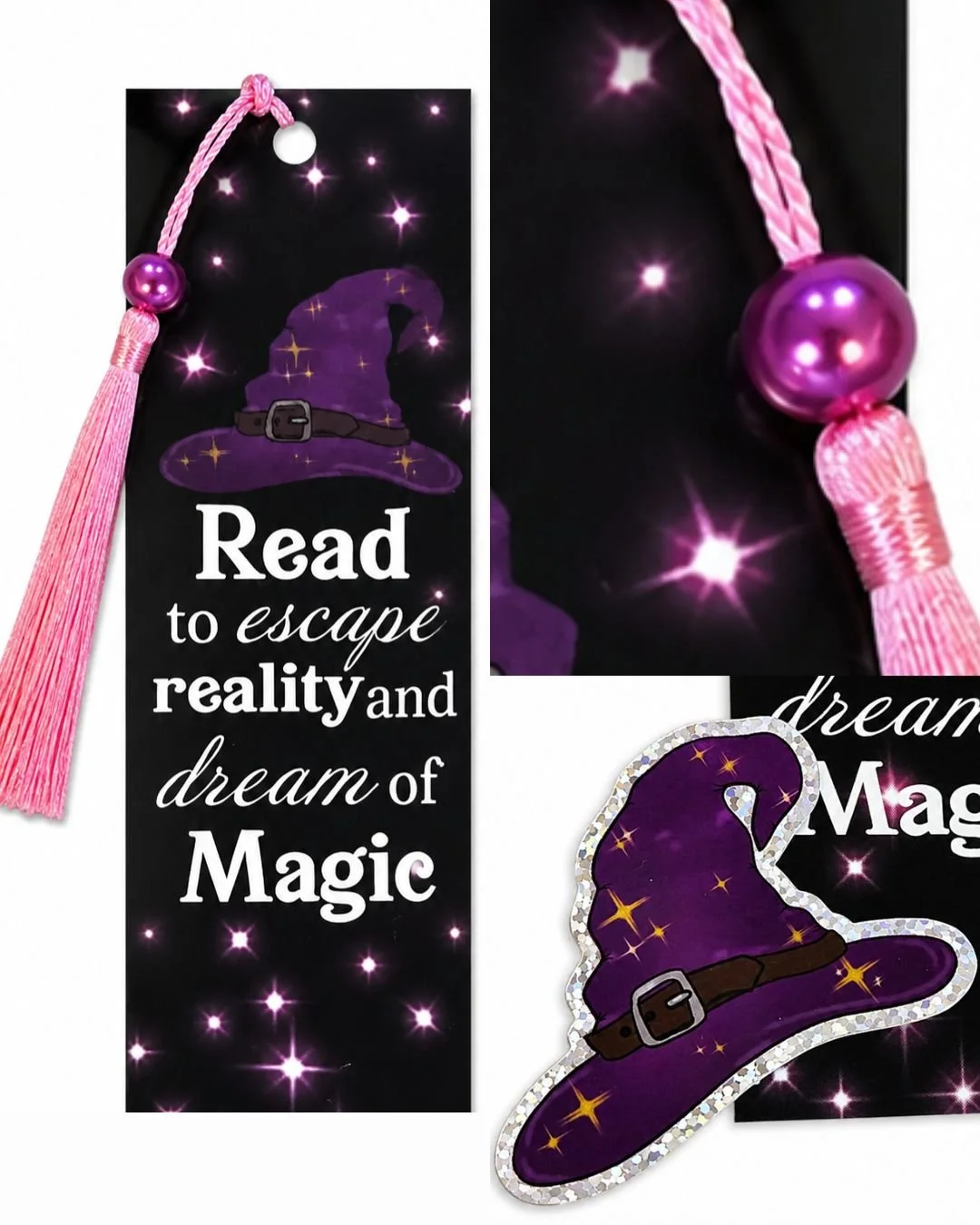 2 Pack: You're a Wizard Sticker + Reading Magic Bookmark with Pink Bead