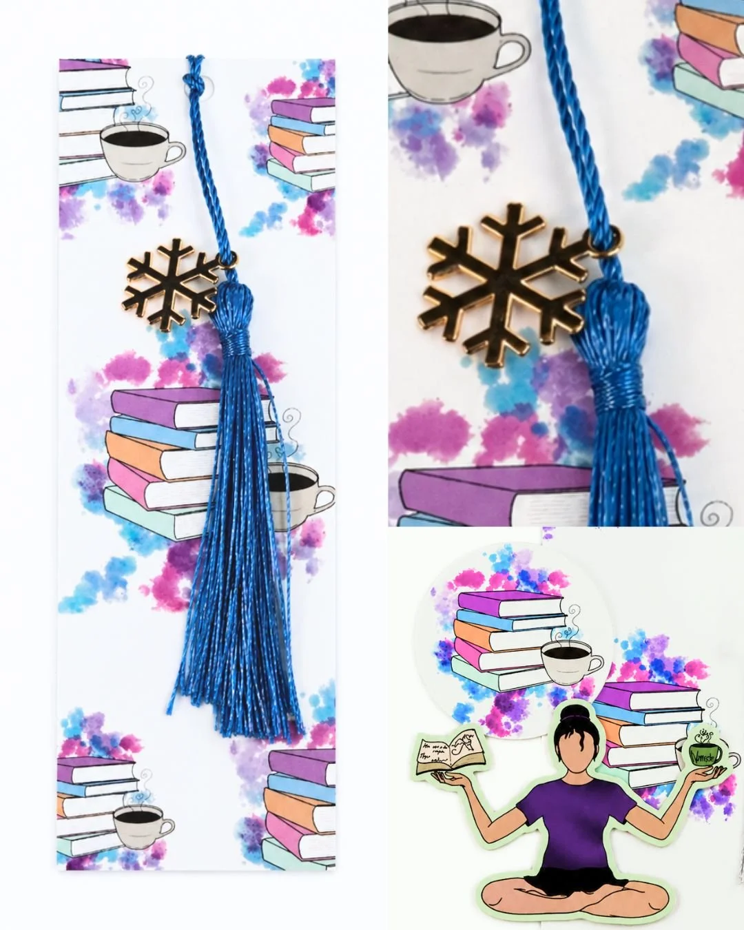 3 Pack: Namaste Cozy Stickers + Bookmark with Snowflake Charm