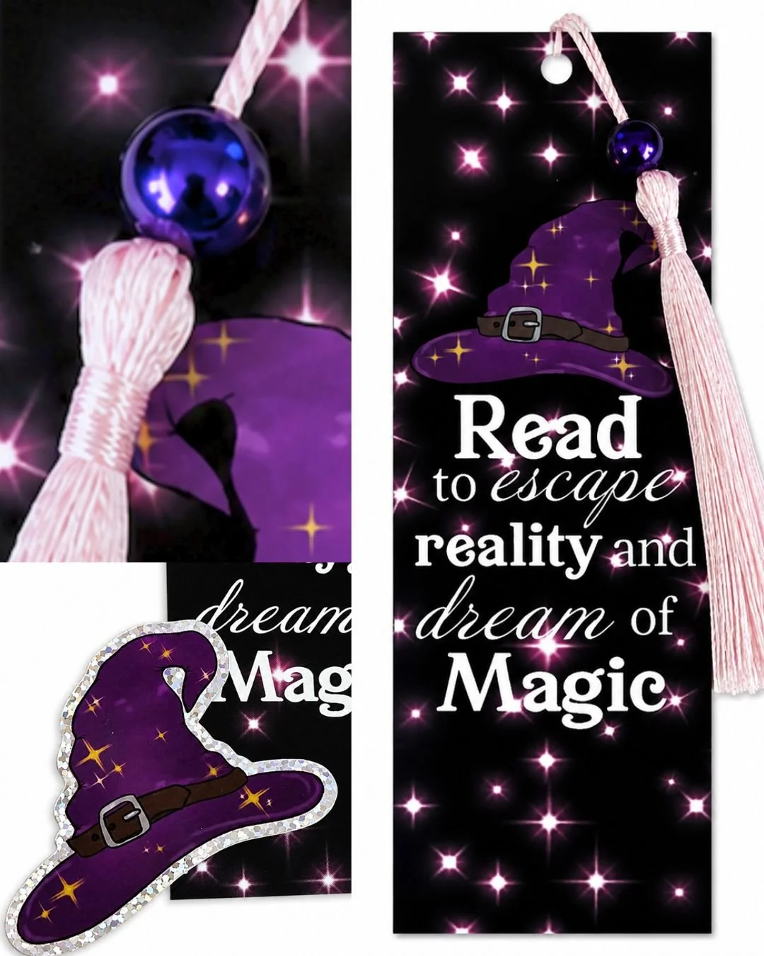 2 Pack: You're a Wizard Sticker + Reading Magic Bookmark with Dark Purple Bead